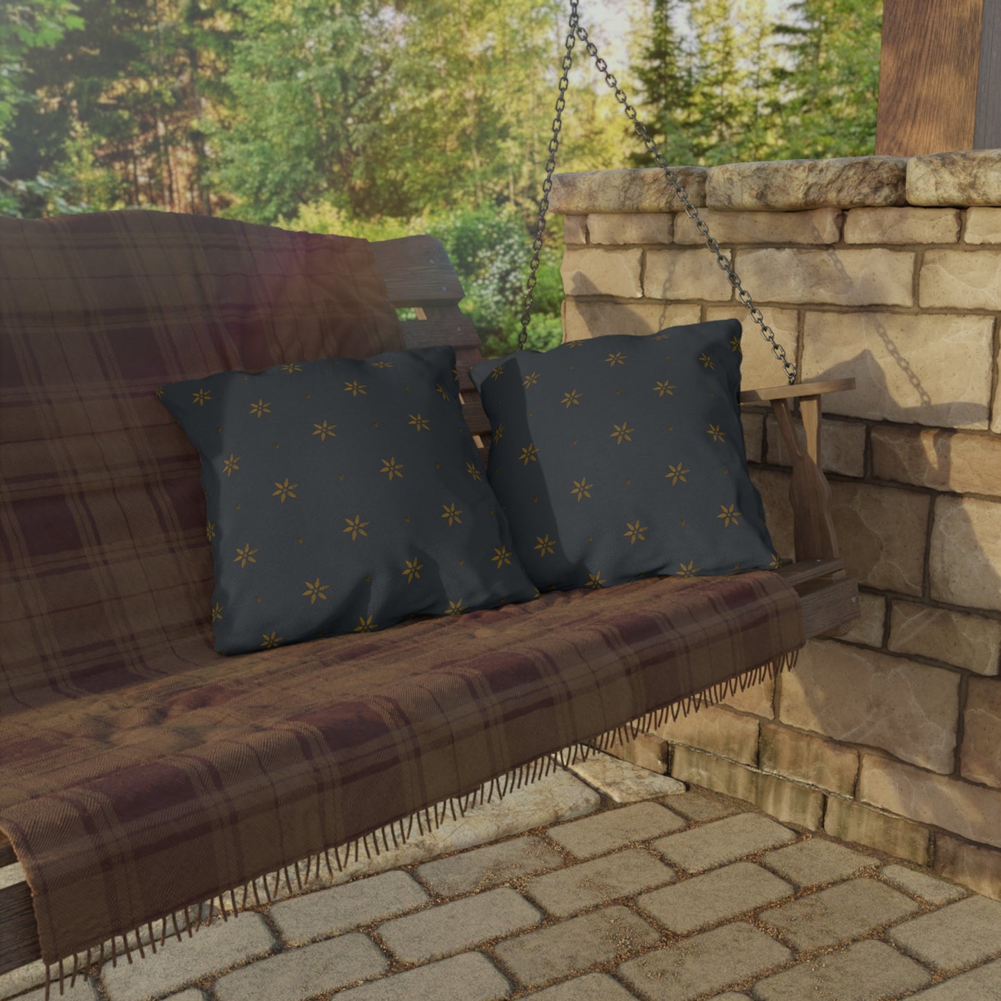 Early American Petal Stencil Mustard on Blue Outdoor Pillows