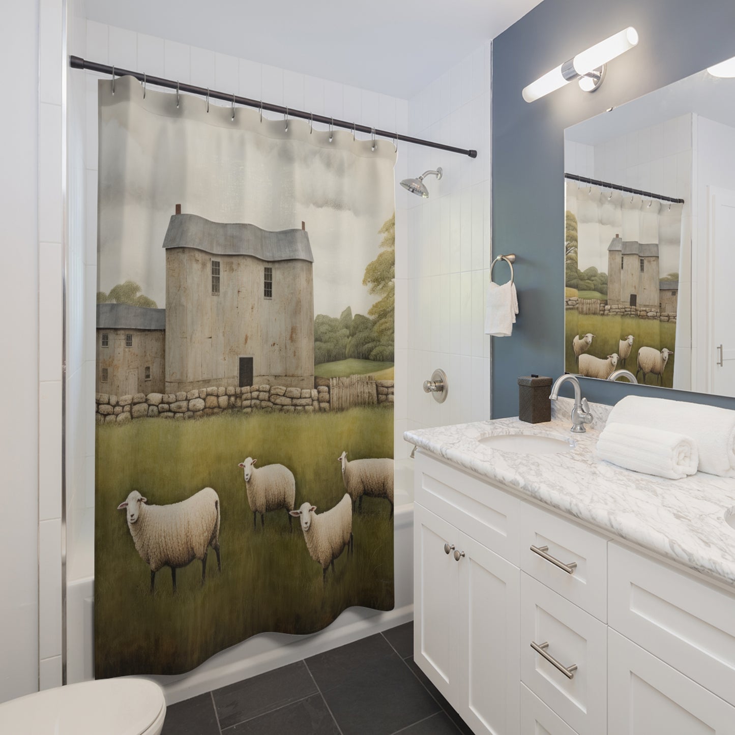 Rustic Farmhouse Shower Curtain with Sheep Design - Cozy Home Decor