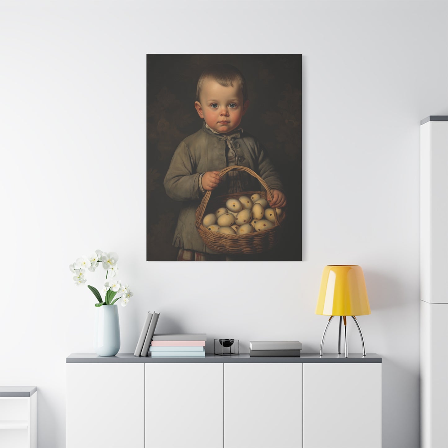 Boy with Eggs Whimsical Child Portrait Canvas Art - Vintage Decor for Home