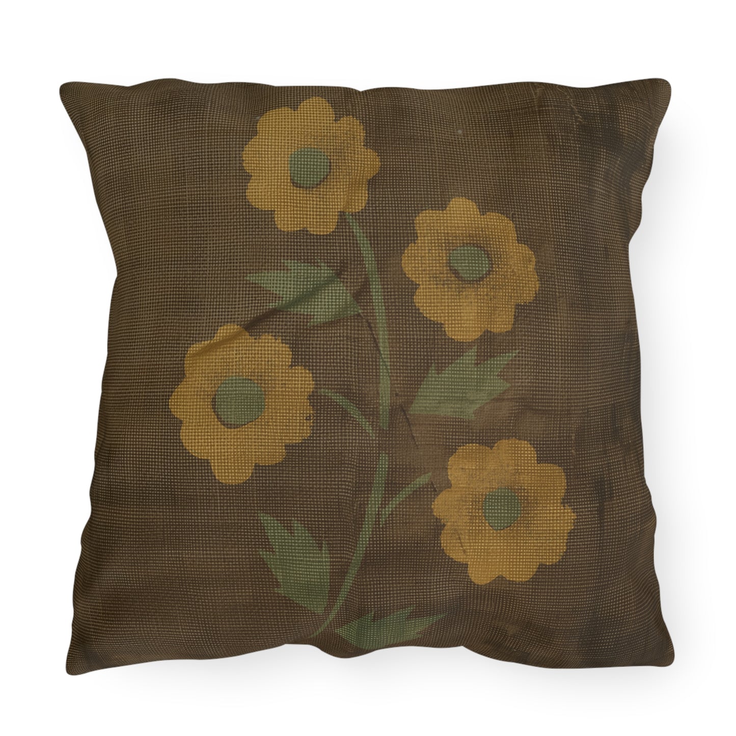 Primitive Distressed Stencil Flower on Brown Outdoor Pillows