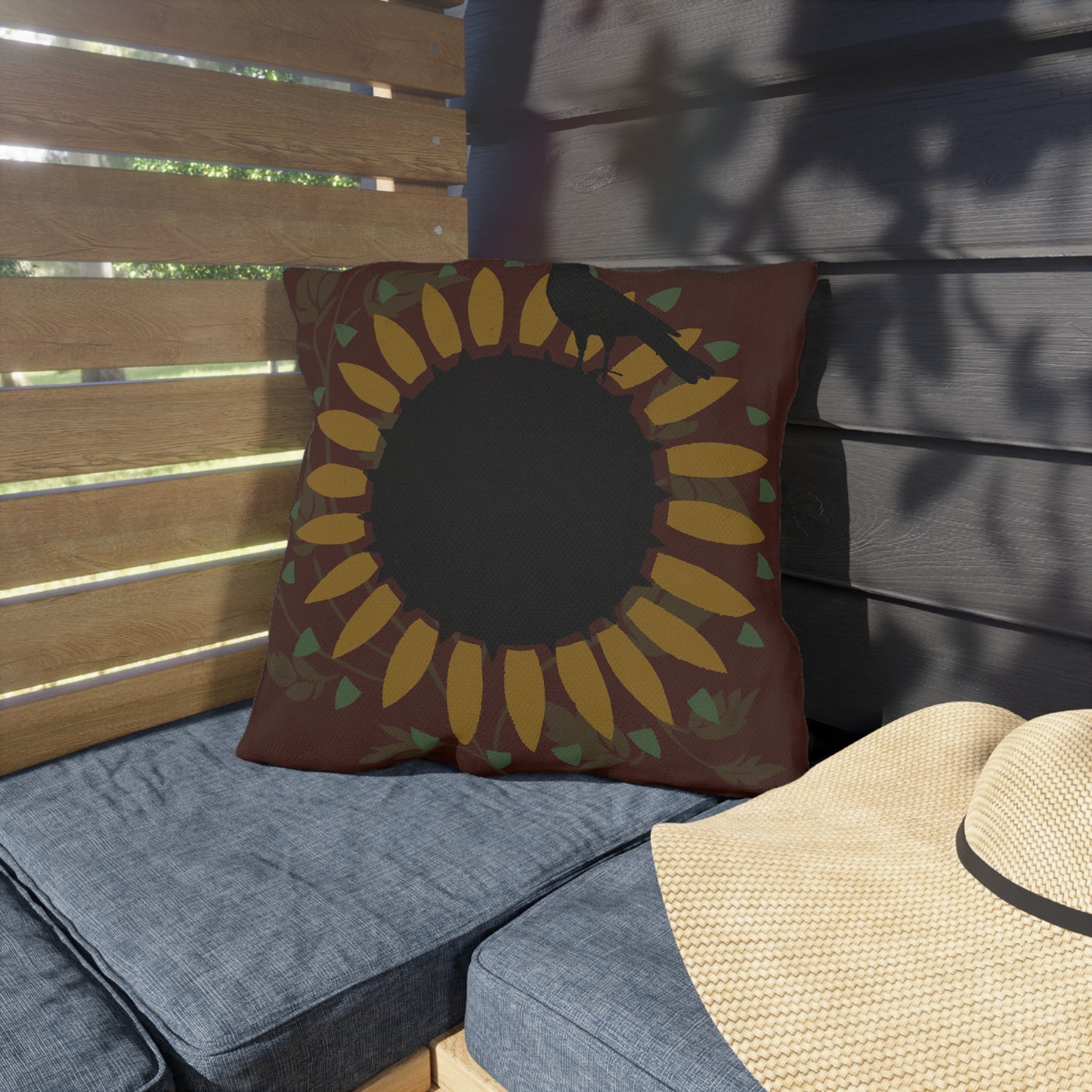 Crow on the Sunflower Red Background Outdoor Pillows