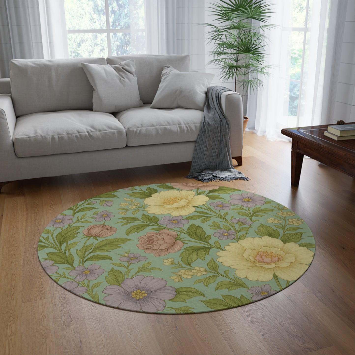 Floral Round Rug, Vintage Flower Area Rug, Soft Home Decor, Boho Chic Accent Rug, Living Room Carpet, Spring Home Accessories