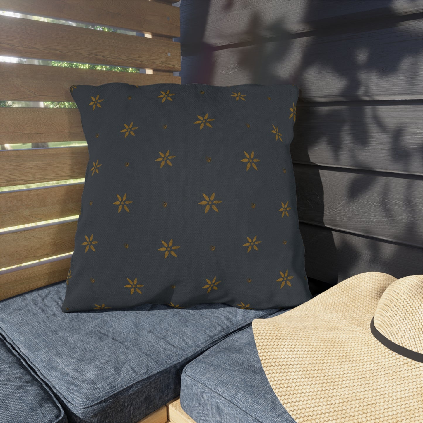 Early American Petal Stencil Mustard on Blue Outdoor Pillows