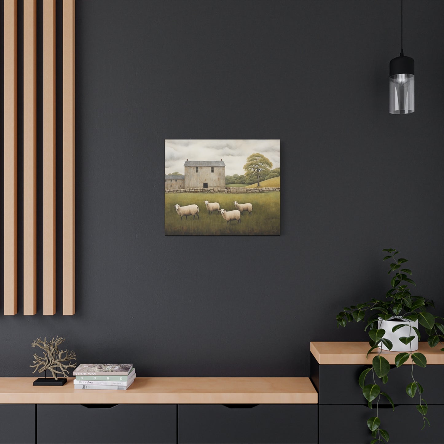 Rustic Farmhouse Canvas Wall Art with Sheep Landscape