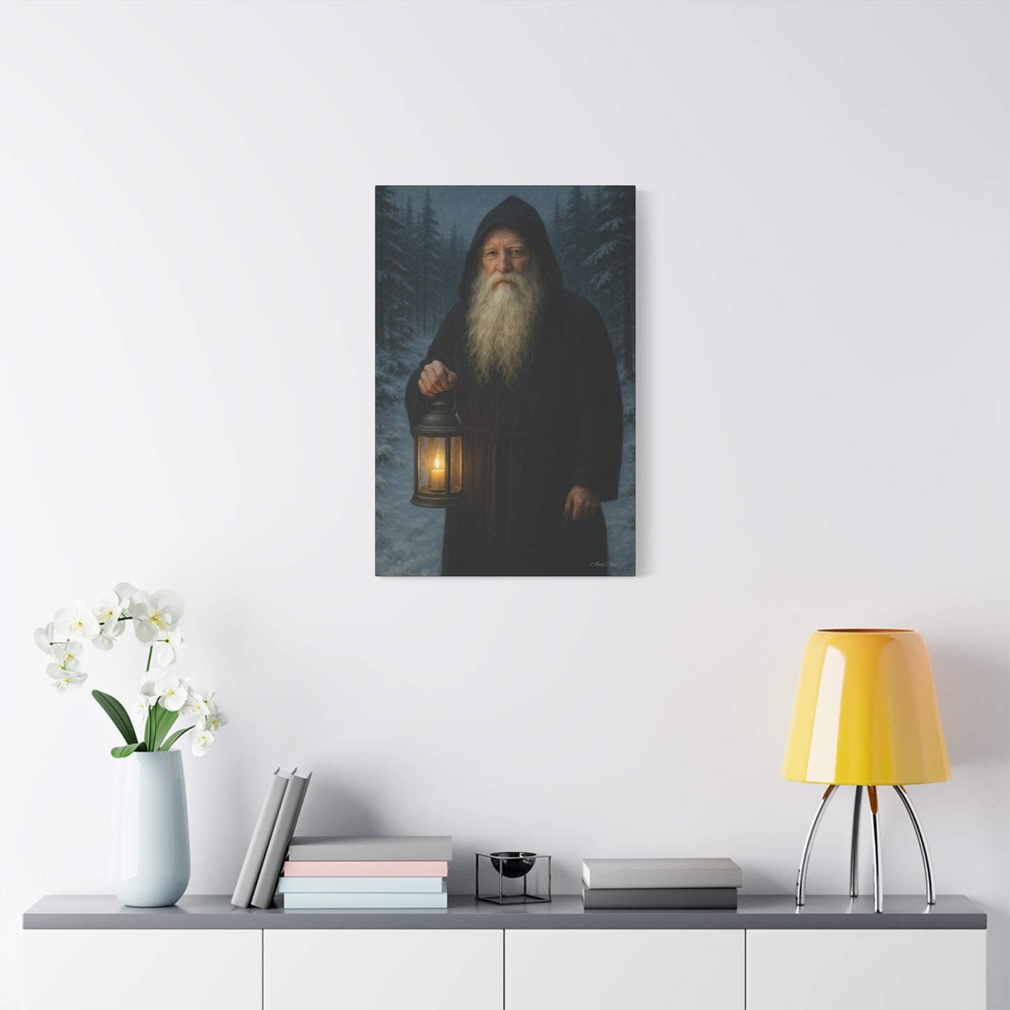 Old World Santa with Lantern Canvas Print, Wall Art, Home Decor, Cabin Vibes, Gift for Him, Rustic Wall Decor, Nature Lover's Gift