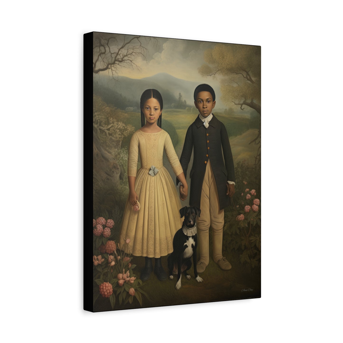 The Twins: Artistic Stretched Canvas Print - Vintage Children and Dog Portrait