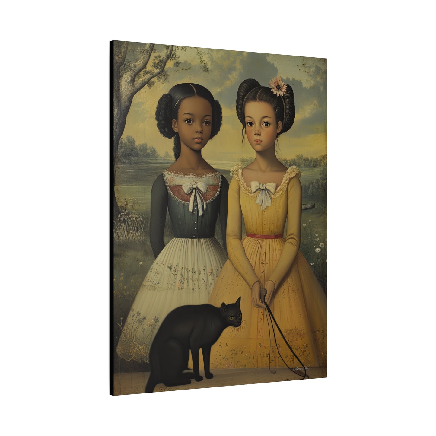 Canvas Wall Art, Timeless Sisters and Black Cat Portrait, Home Decor, Art Gift for Her, Vintage-Inspired Decoration