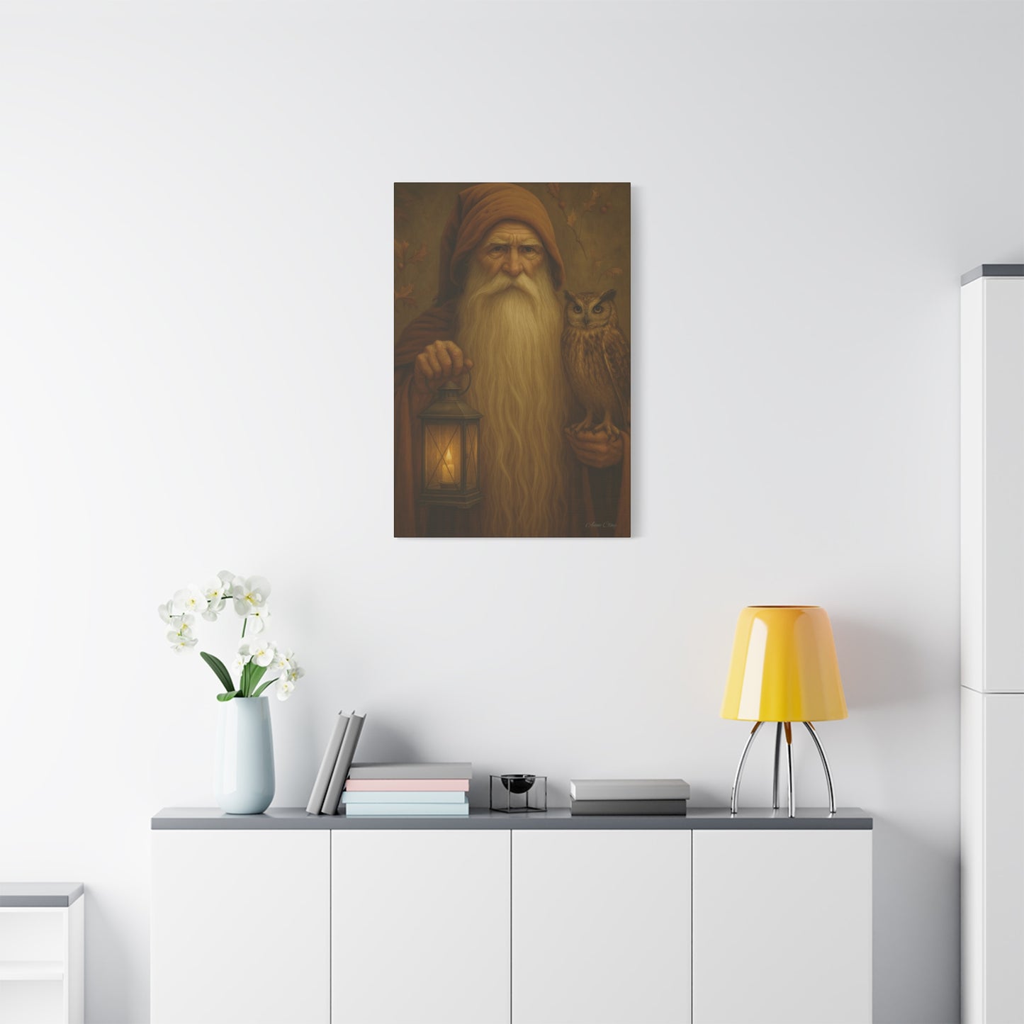 Mystical Canvas Wall Art, Nature Decor, Wizard Artwork, Rustic Home Decor, Owl and Lantern Painting