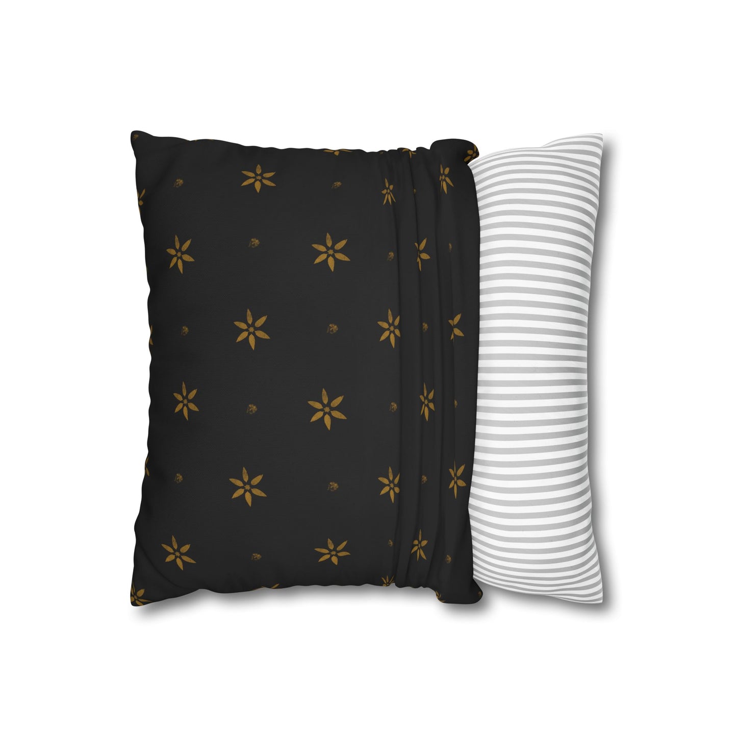 Stencilled Mustard Petals on Black Square Poly Canvas Pillowcase