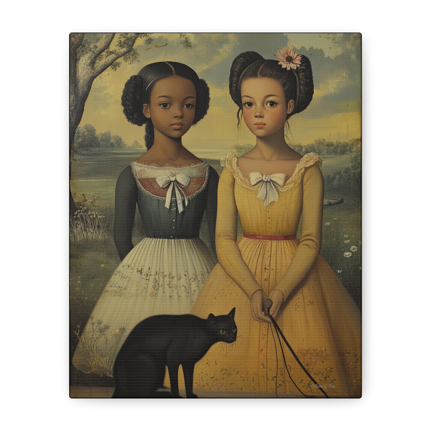 Canvas Wall Art, Timeless Sisters and Black Cat Portrait, Home Decor, Art Gift for Her, Vintage-Inspired Decoration