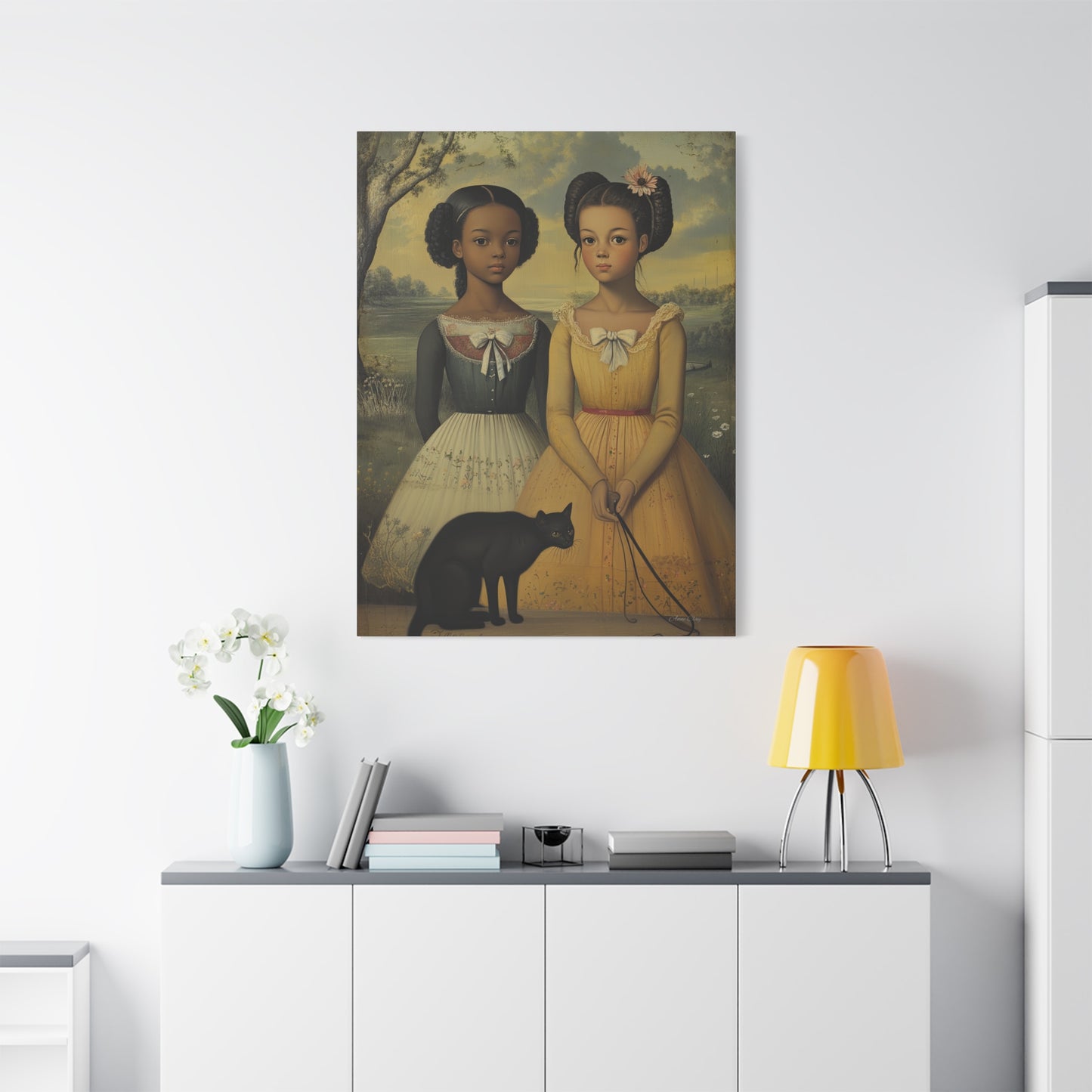 Canvas Wall Art, Timeless Sisters and Black Cat Portrait, Home Decor, Art Gift for Her, Vintage-Inspired Decoration