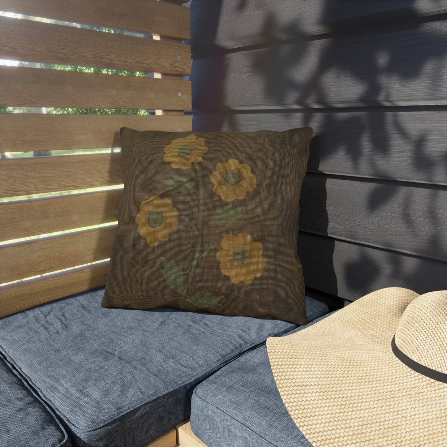 Primitive Distressed Stencil Flower on Brown Outdoor Pillows