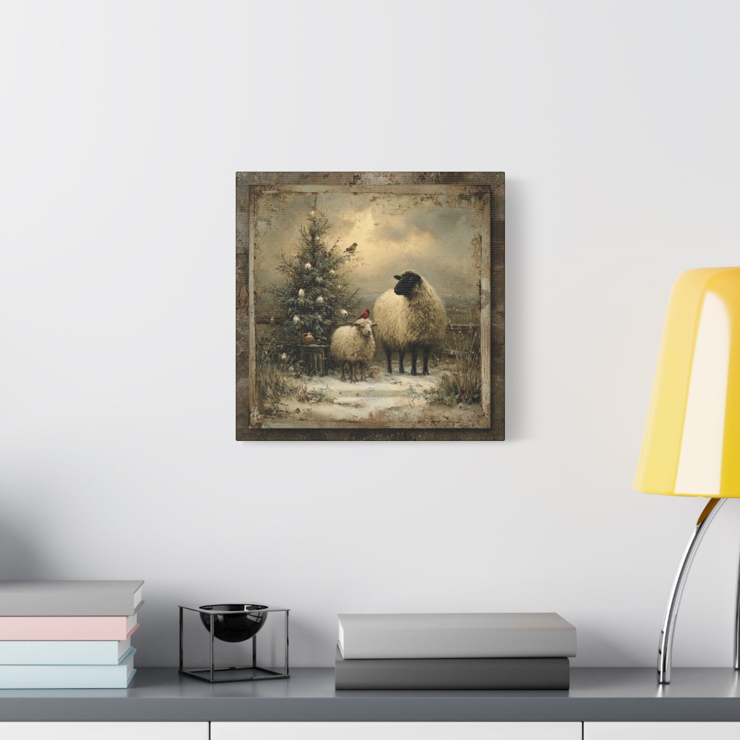 Rustic Sheep Art Canvas Print, Farmhouse Decor, Holiday Wall Art, Cozy Home Vibe, Christmas Sheep Painting, Farmhouse Wall Art