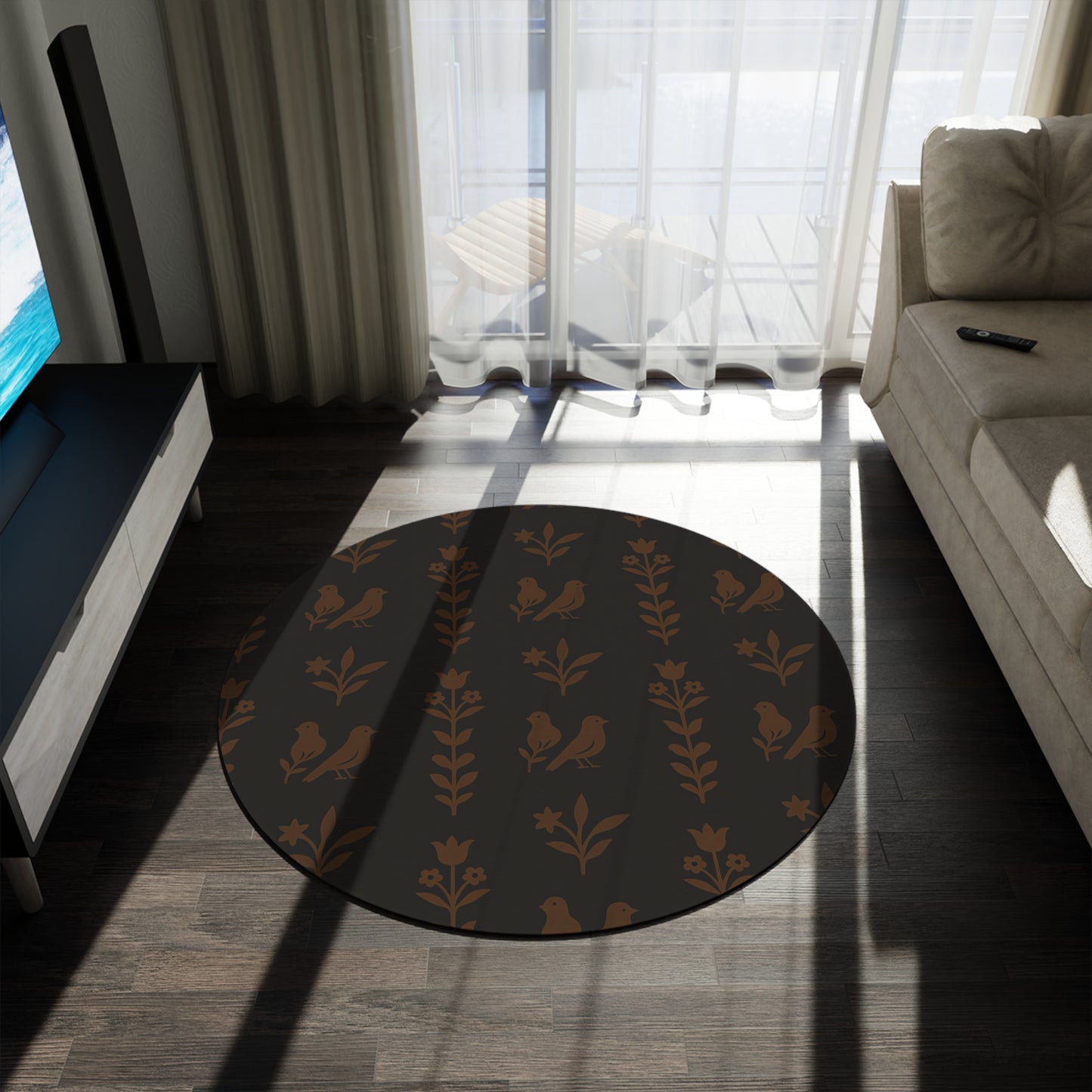 Warm Rustic Round Rug with Floral Design, Cozy Home Decor, Boho Style for Living Room, Bedroom, Nursery, Gifts for Her