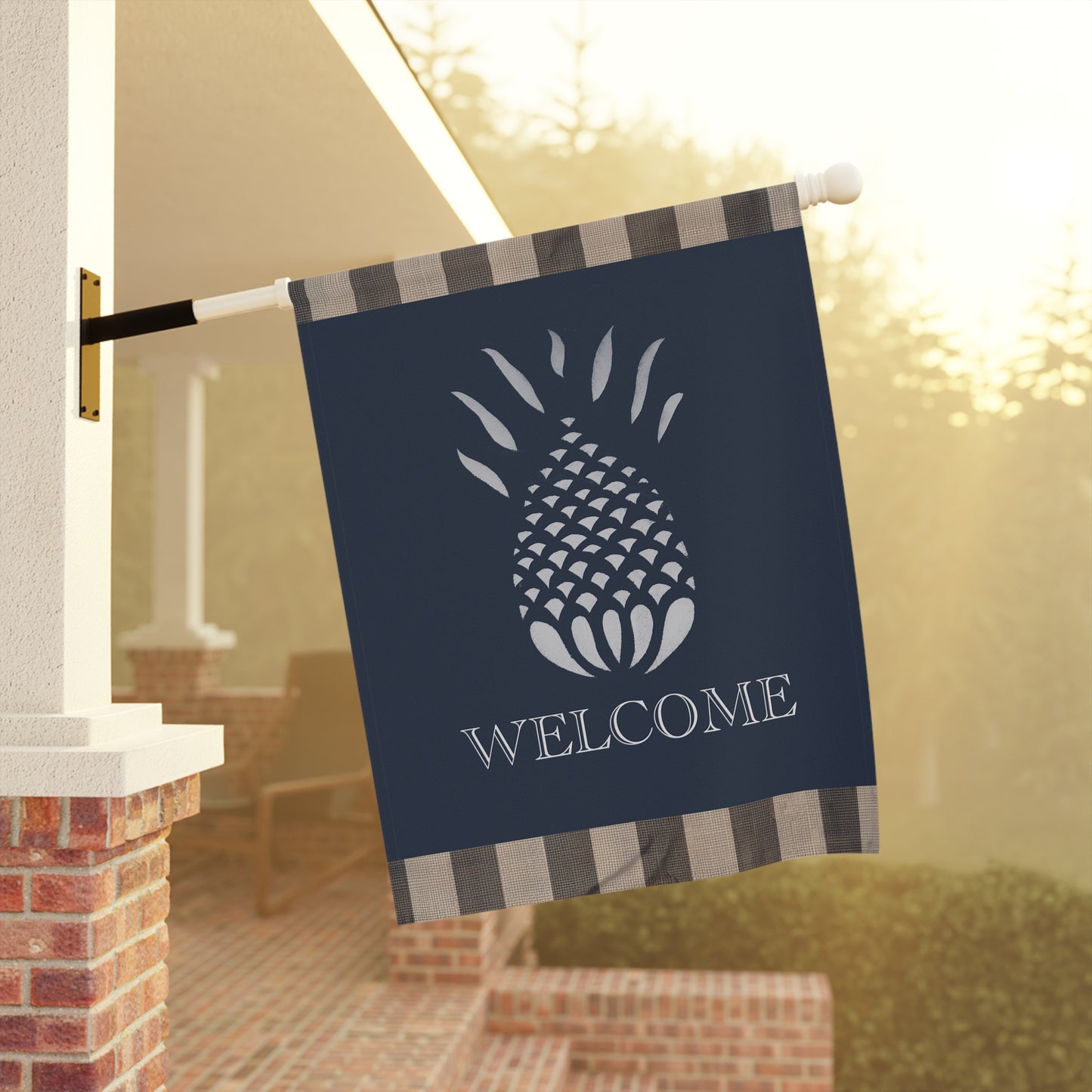Blue and White Stripped Stencil Pineapple Garden & House Banner