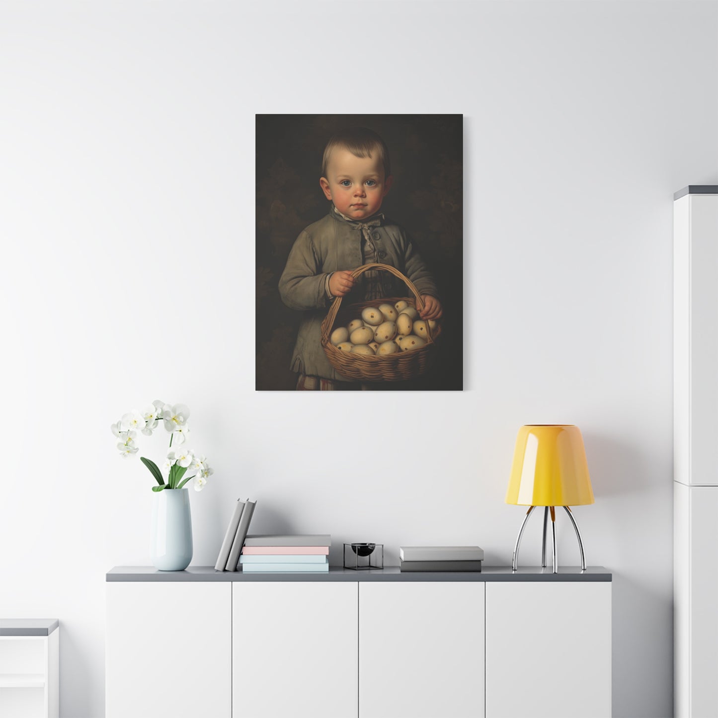 Boy with Eggs Whimsical Child Portrait Canvas Art - Vintage Decor for Home