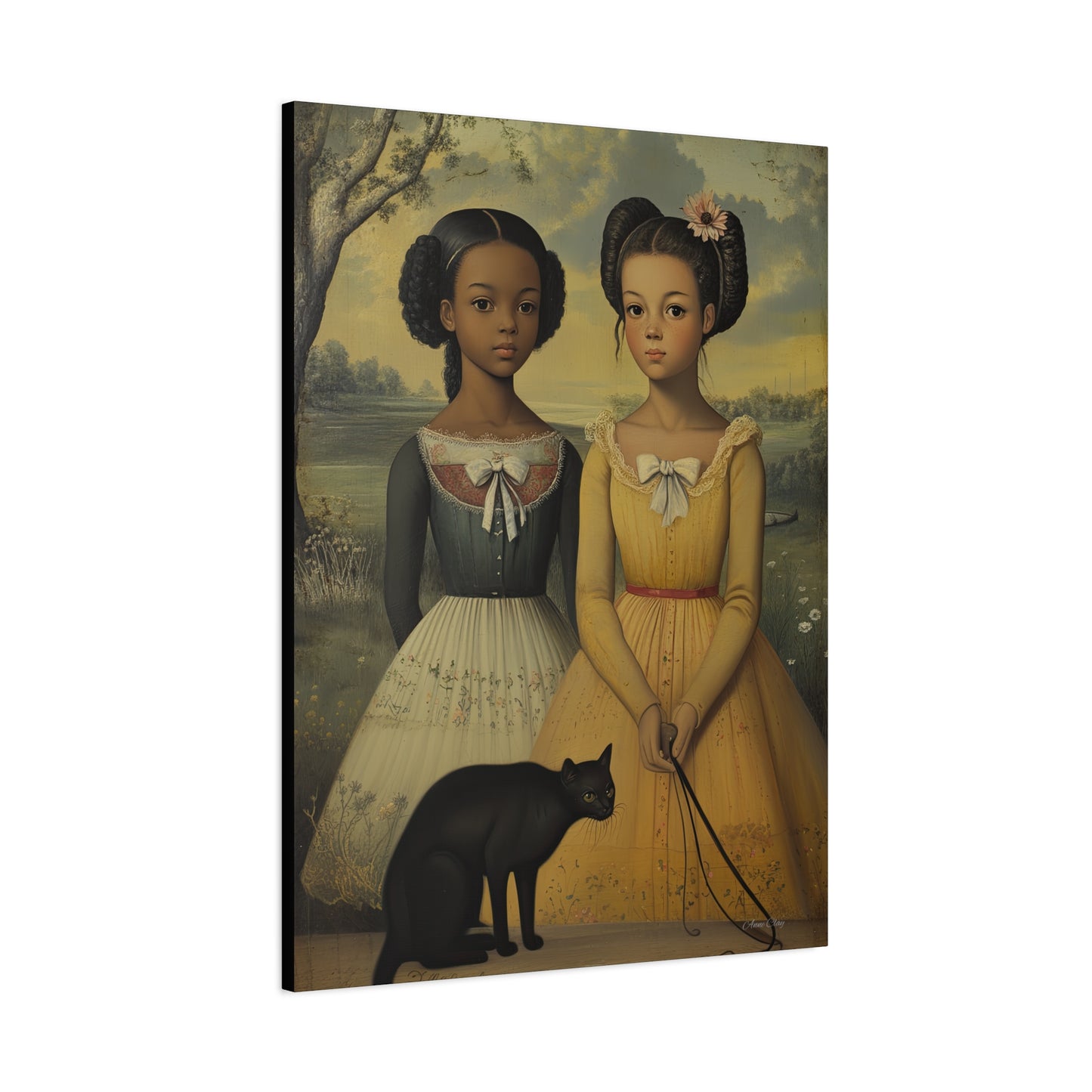 Canvas Wall Art, Timeless Sisters and Black Cat Portrait, Home Decor, Art Gift for Her, Vintage-Inspired Decoration