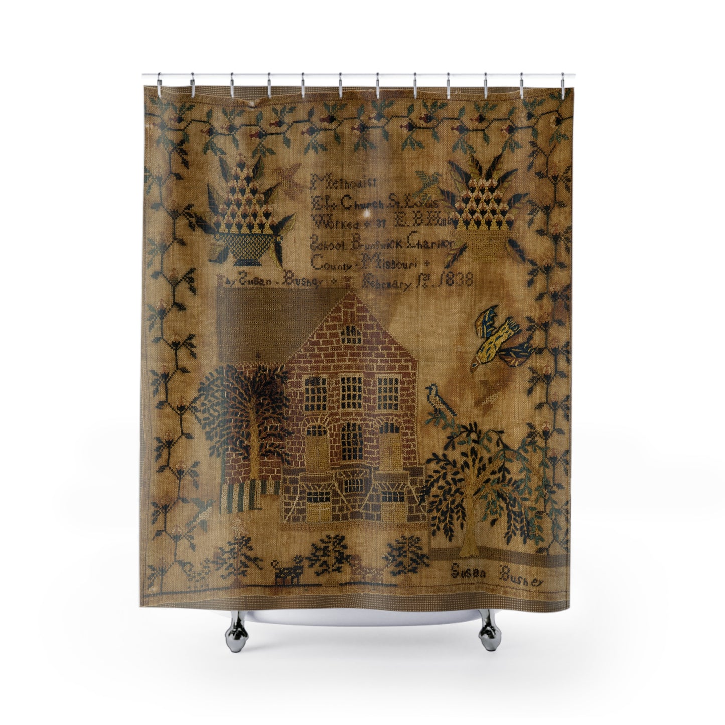 Vintage-Inspired Shower Curtain with Folk Art Design
