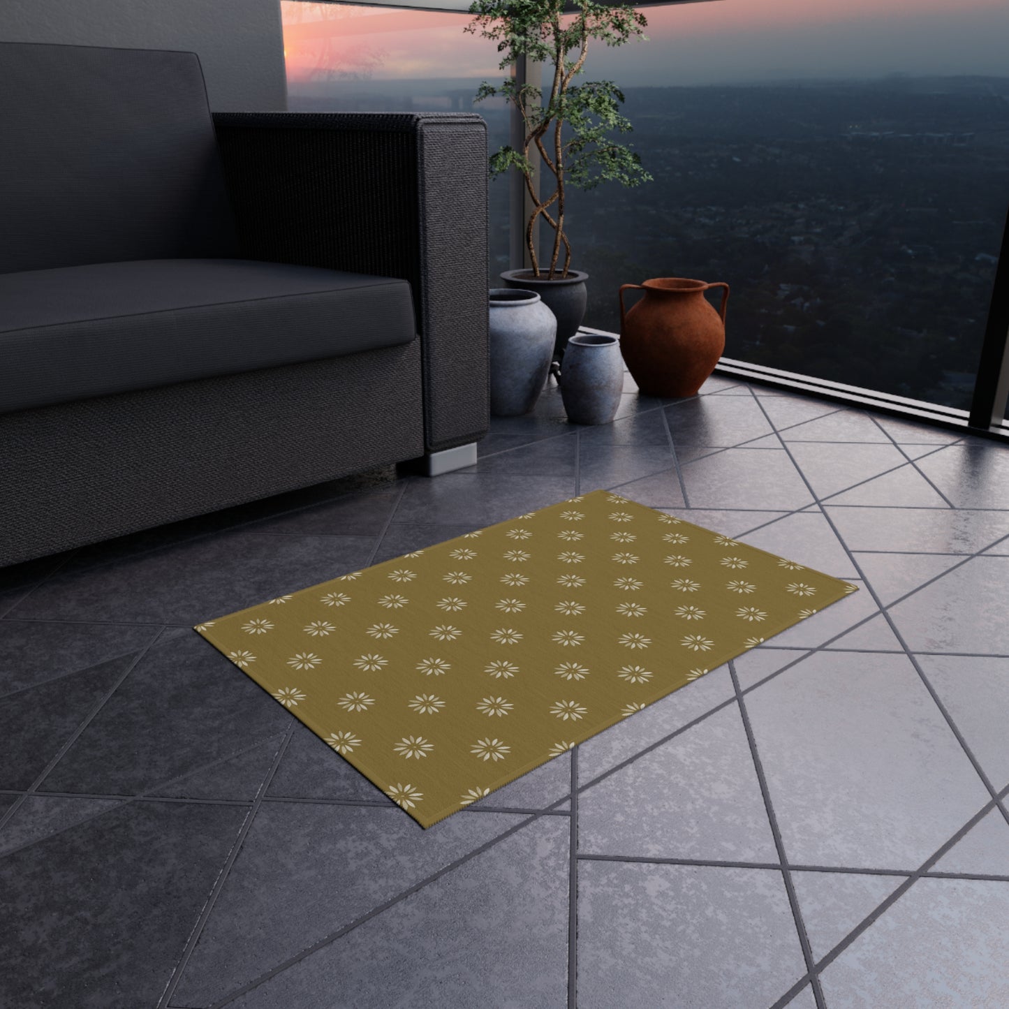 Cream Daisy on light green/gold Outdoor Rug