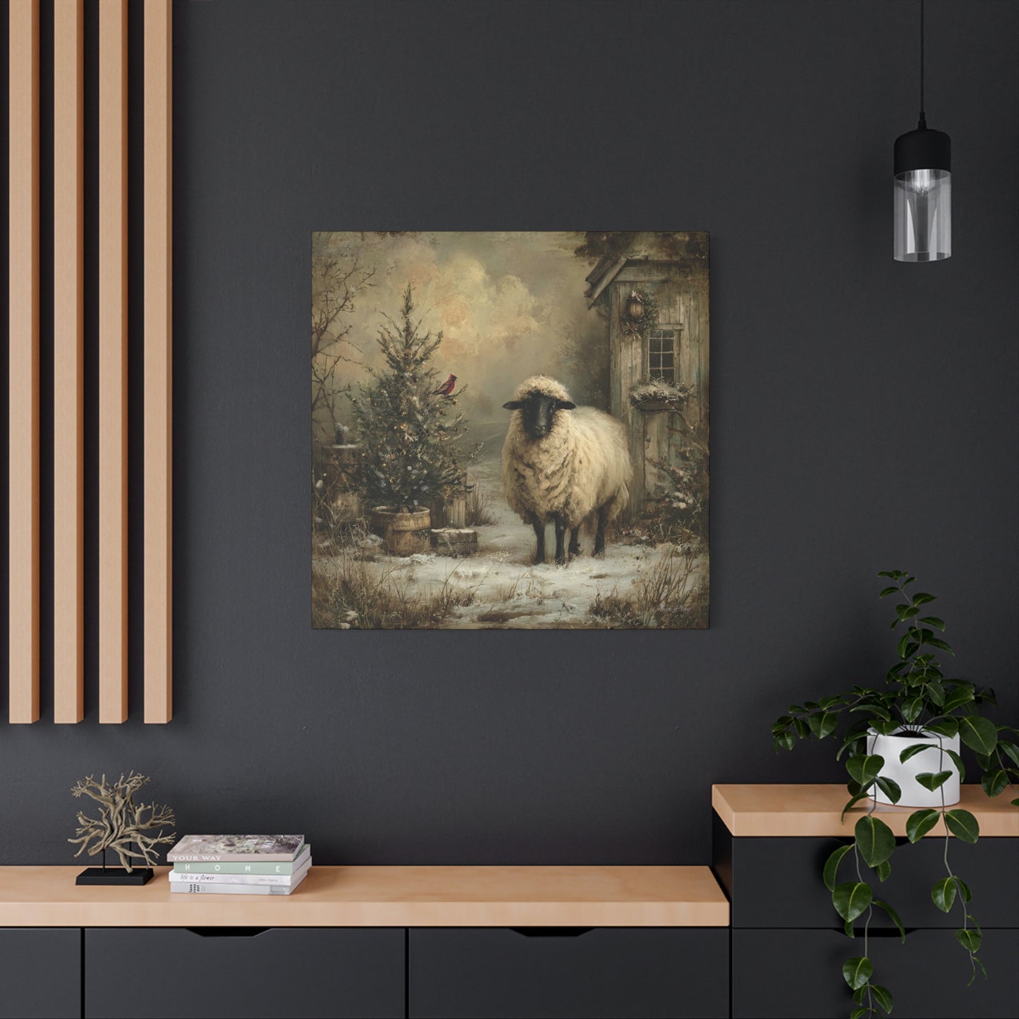 Cozy Farmhouse Canvas Print, Rustic Home Decor, Christmas Wall Art, Sheep Artwork, Winter Landscape Decor, Gift for Animal Lovers