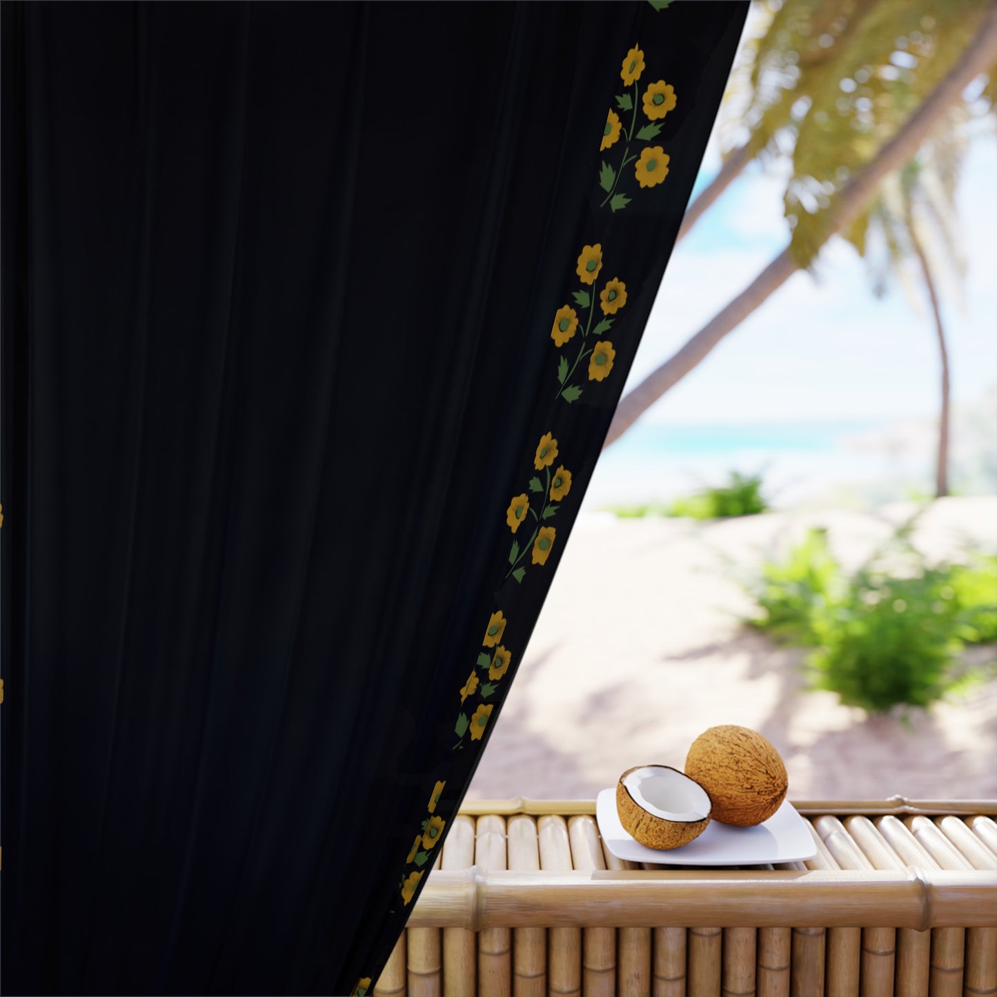 Stencil Flower on Black Window Curtains (1 Piece)