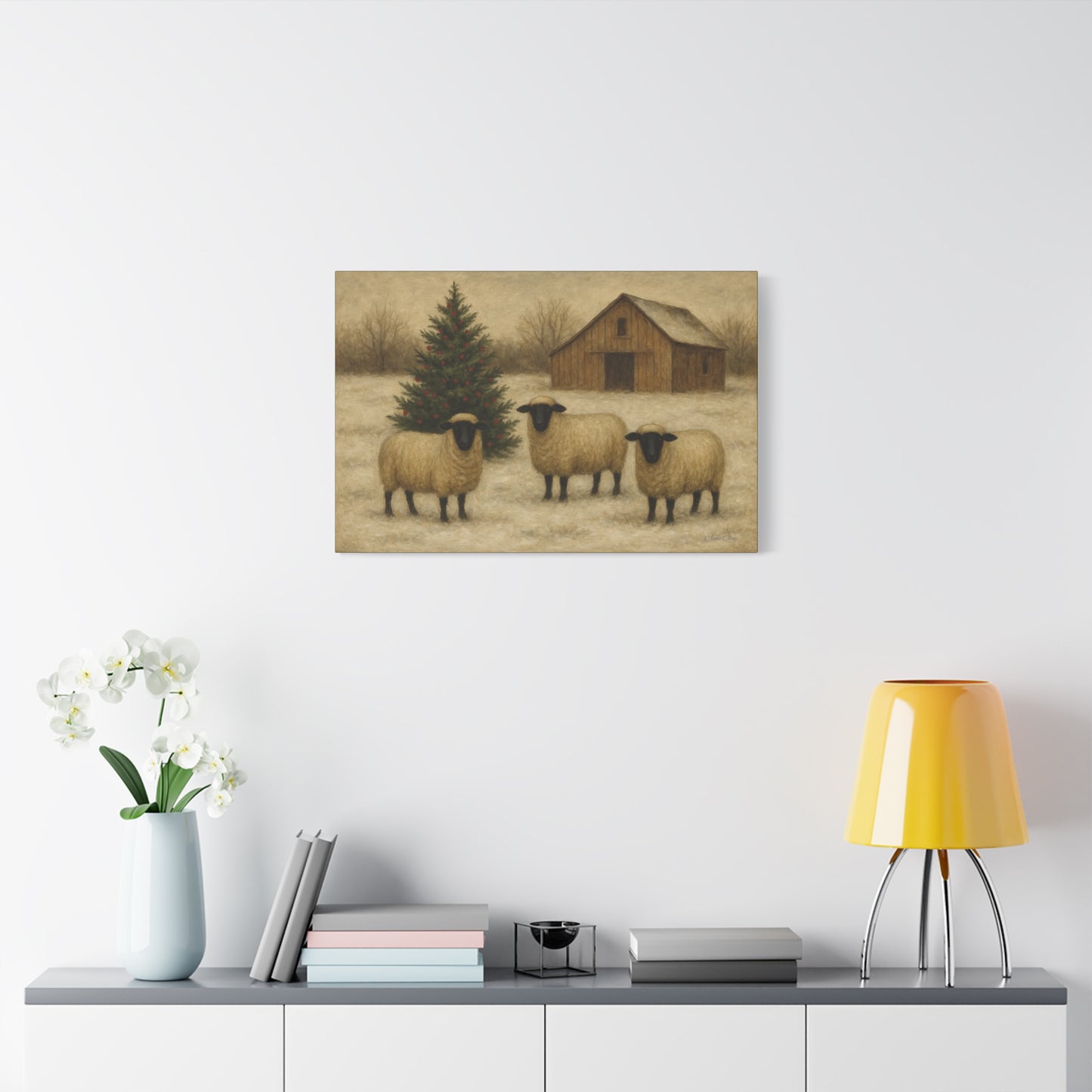 Christmas Sheep Canvas Wall Art, Holiday Decor, Farmhouse Style, Rustic Artwork, Winter Home Decoration