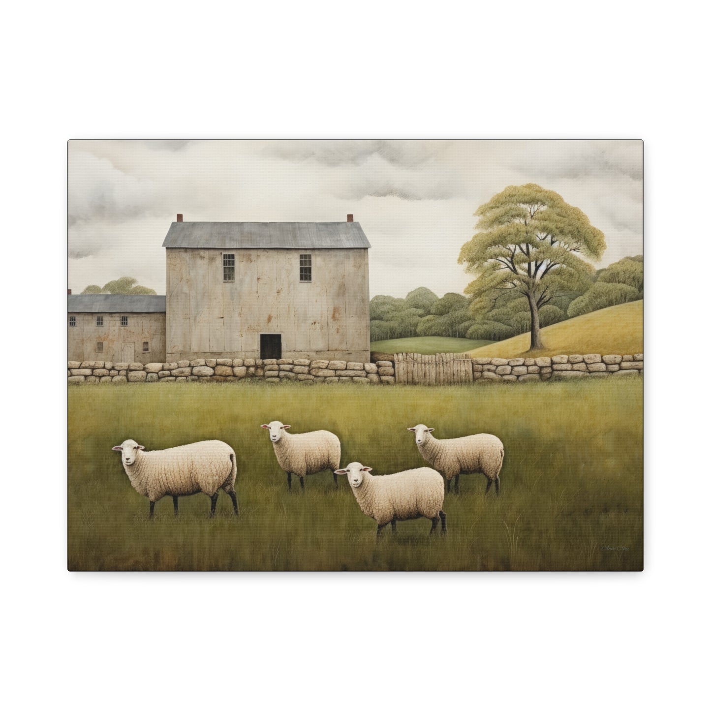 Rustic Farmhouse Canvas Wall Art with Sheep Landscape