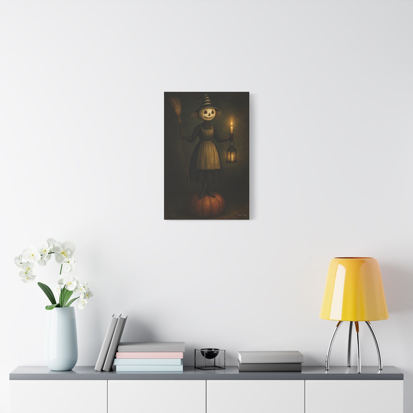 Halloween Witch Canvas Art Print, Spooky Home Decor, Pumpkin Lantern Wall Art, Fall Decoration, Halloween Gift
