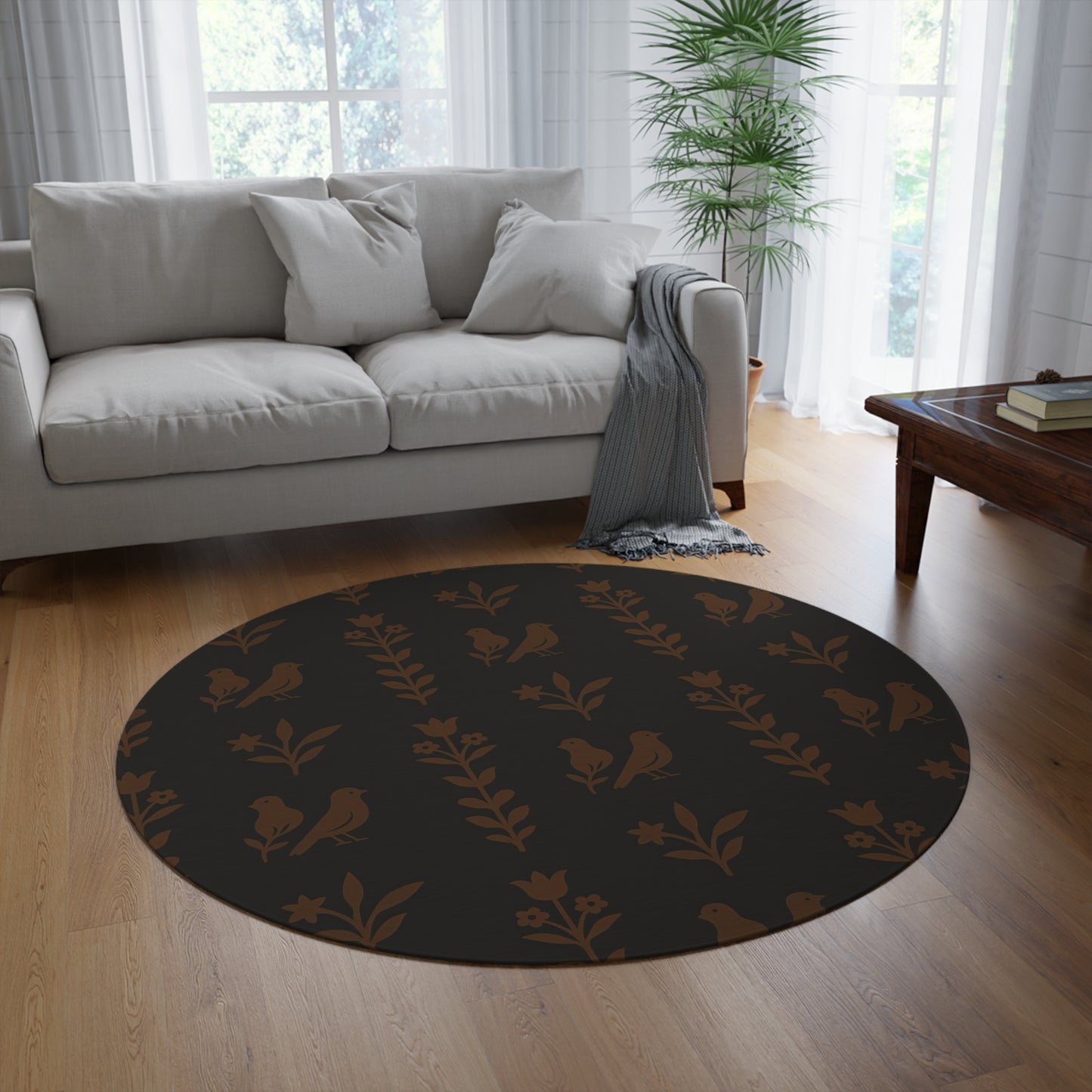 Warm Rustic Round Rug with Floral Design, Cozy Home Decor, Boho Style for Living Room, Bedroom, Nursery, Gifts for Her