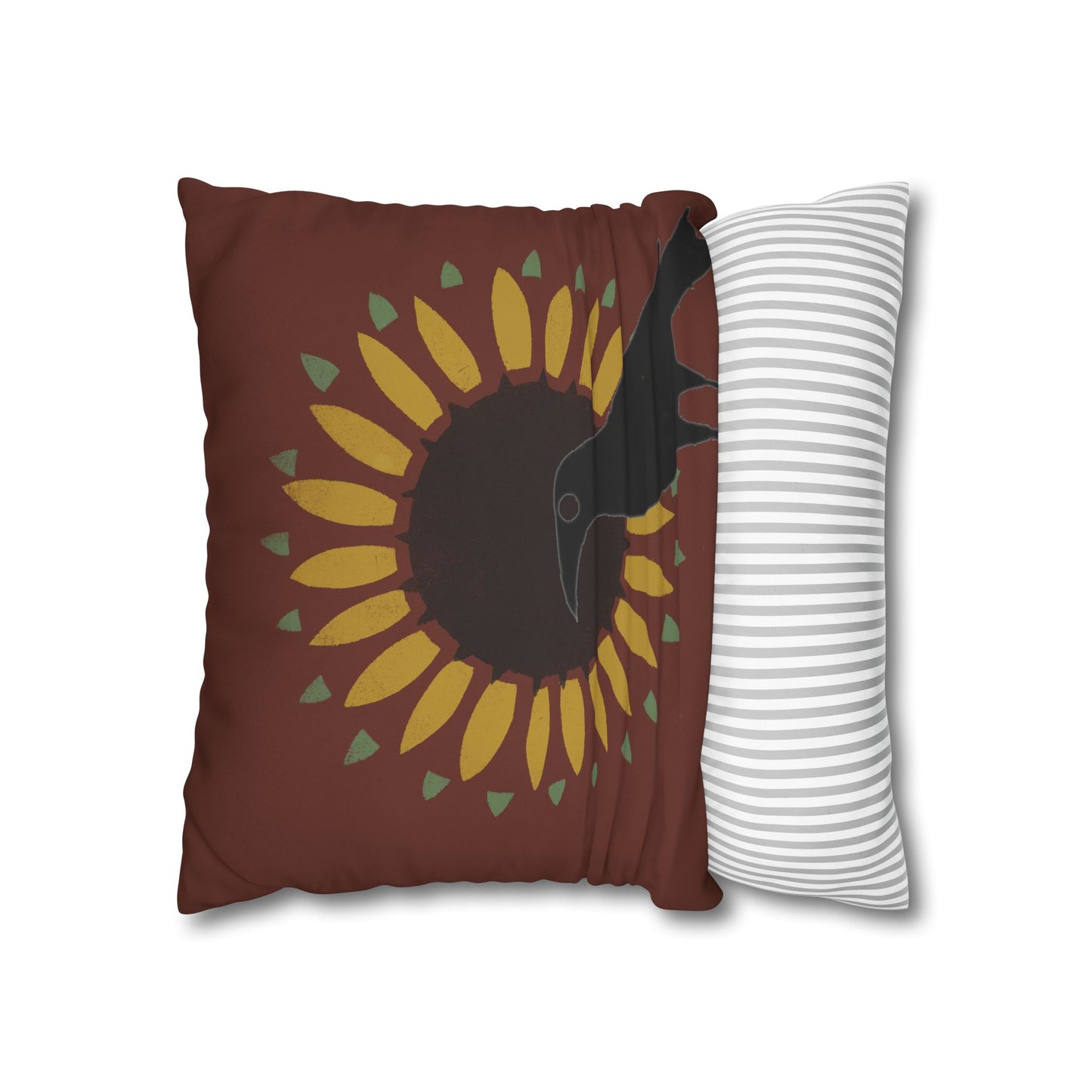 Crow and Sunflower Stencil on Red Square Poly Canvas Pillowcase