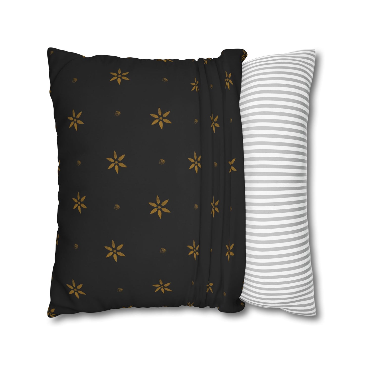 Stencilled Mustard Petals on Black Square Poly Canvas Pillowcase