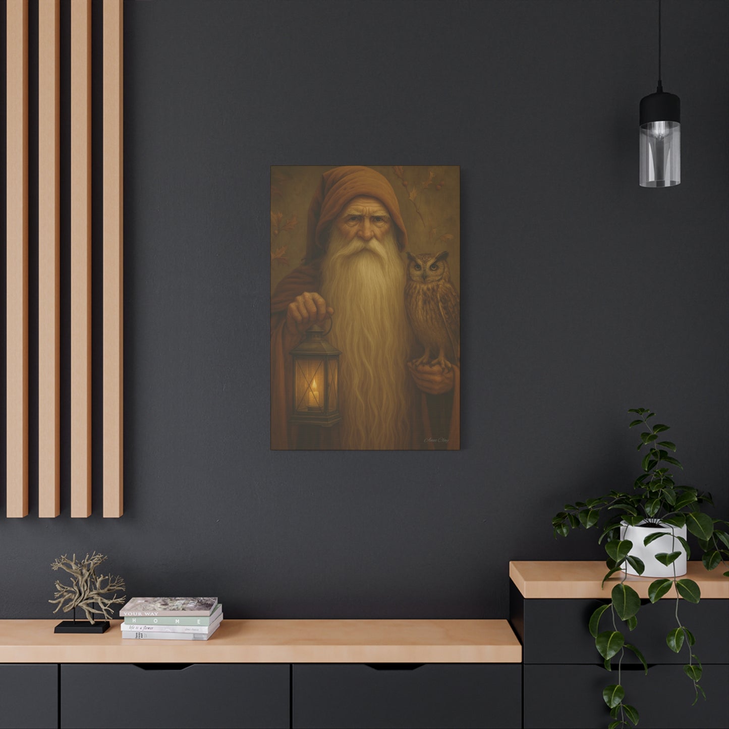 Mystical Canvas Wall Art, Nature Decor, Wizard Artwork, Rustic Home Decor, Owl and Lantern Painting