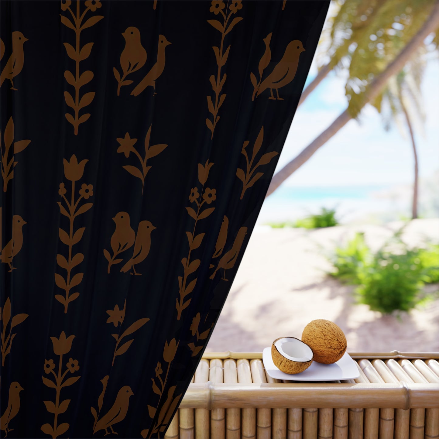Cozy Bohemian Window Curtain, Decorative Drapes for Living Room, Bird and Floral Design, Home Decor, Dark Brown, Gift Idea