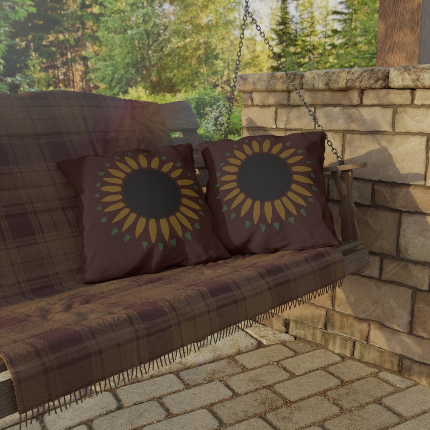 Sunflower on Country Red Stencil Early American Outdoor Pillows