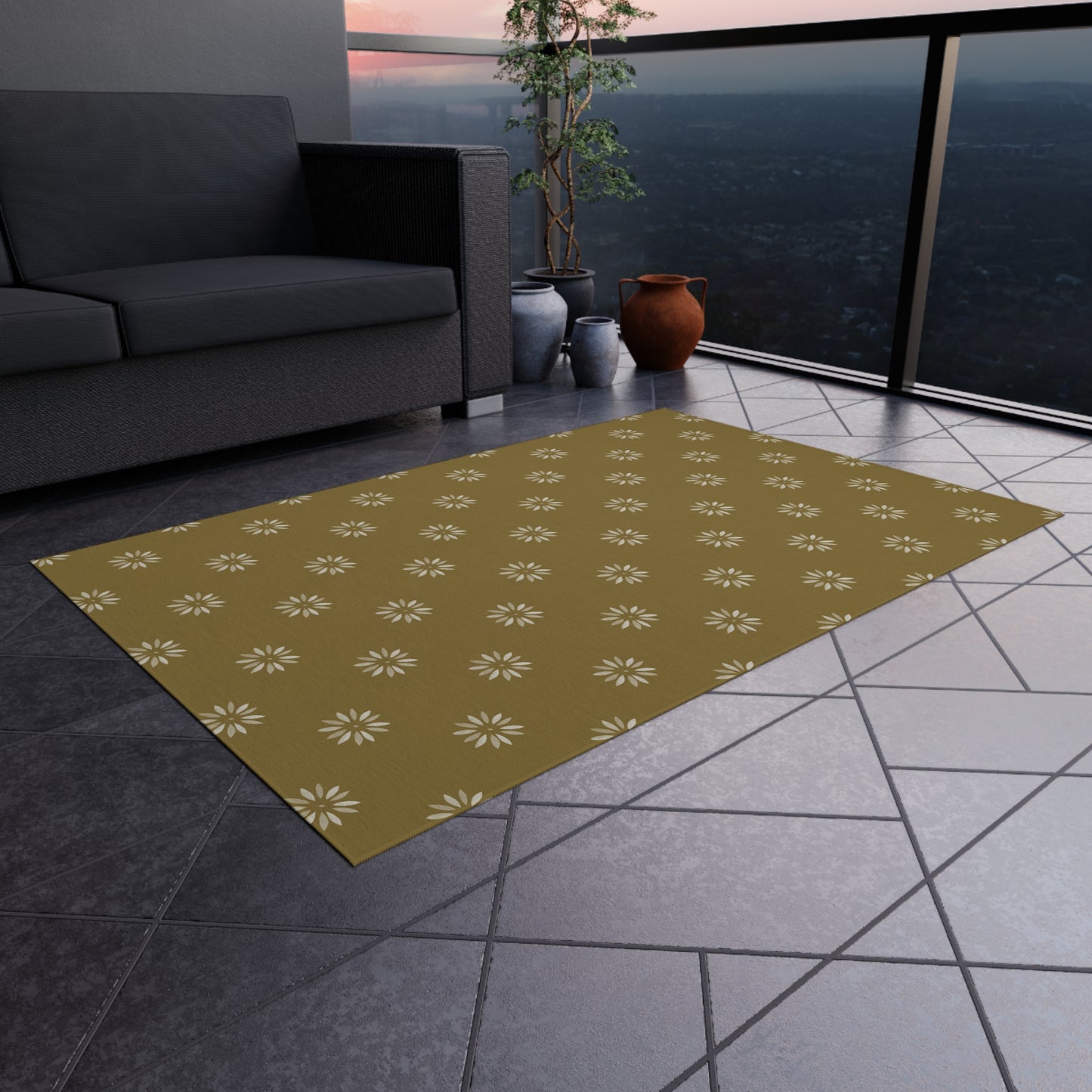Cream Daisy on light green/gold Outdoor Rug