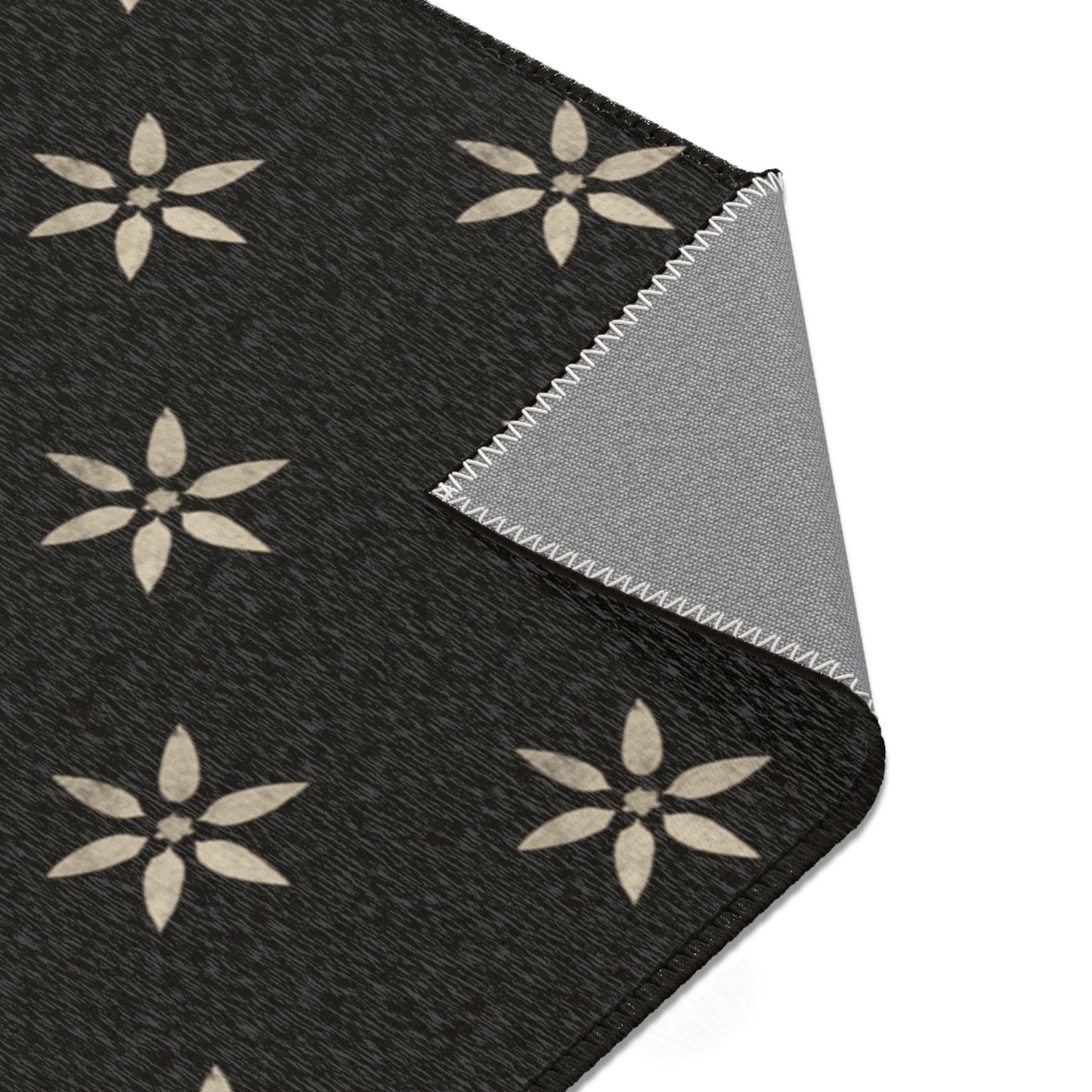 Large Cream Stencil Petals on Black Stylish Floral Area Rug, Cozy Home Decor, Modern Living Room Accent,