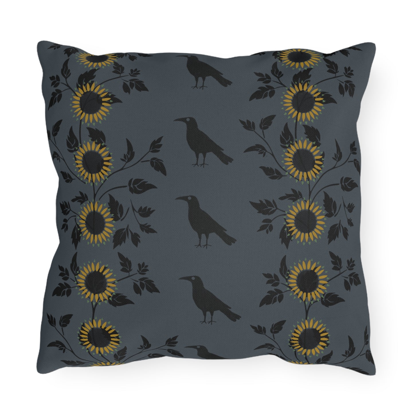 Sunflowers and Crows on Blue Outdoor Pillows