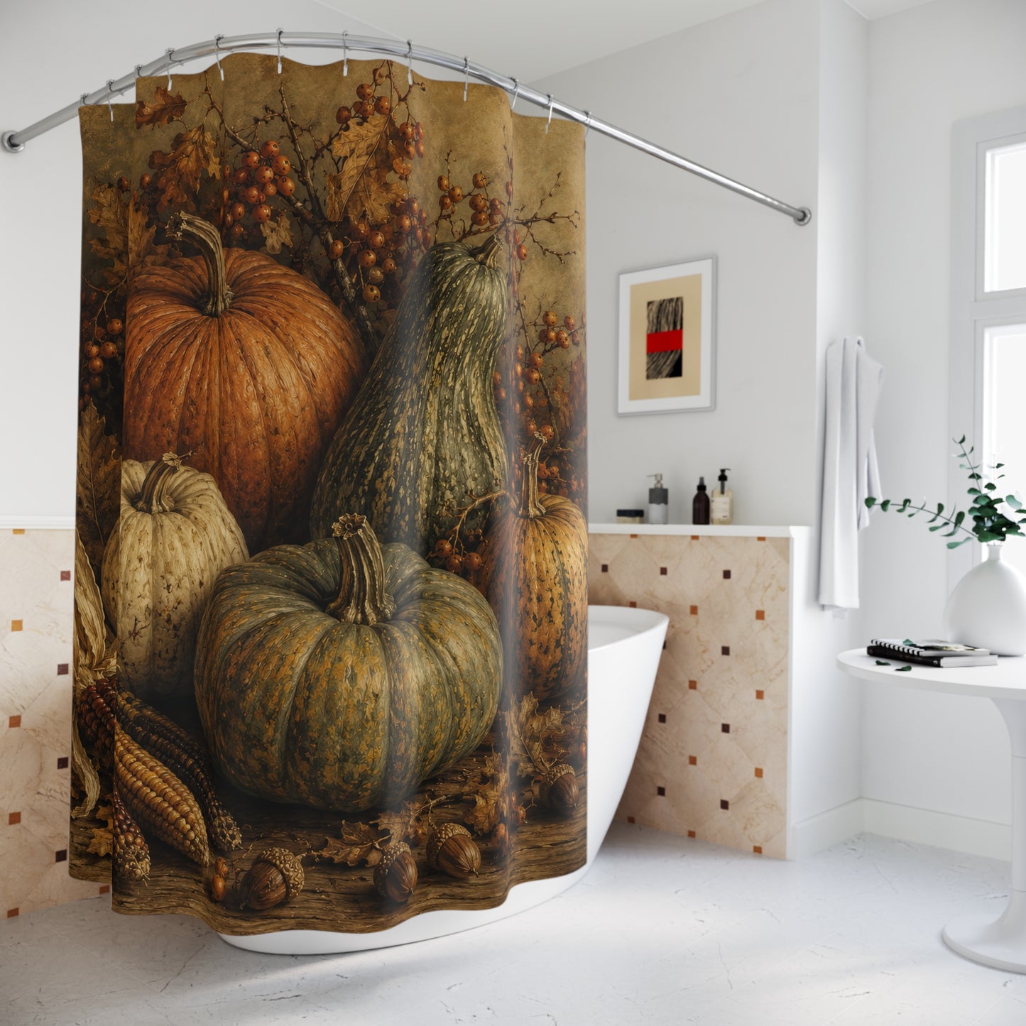 Autumn Harvest Pumpkin Shower Curtain — Rustic Fall Bathroom Decor