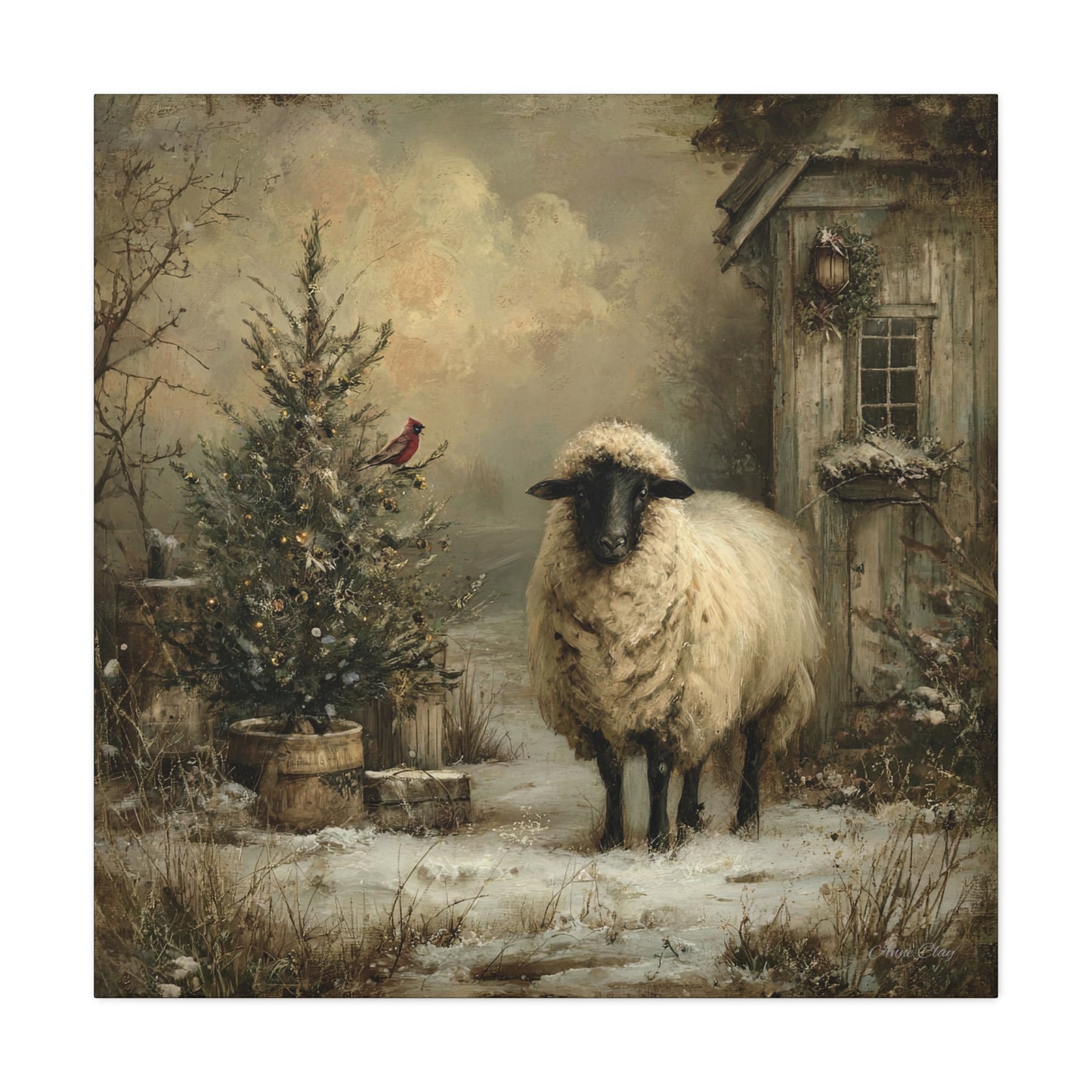 Cozy Farmhouse Canvas Print, Rustic Home Decor, Christmas Wall Art, Sheep Artwork, Winter Landscape Decor, Gift for Animal Lovers