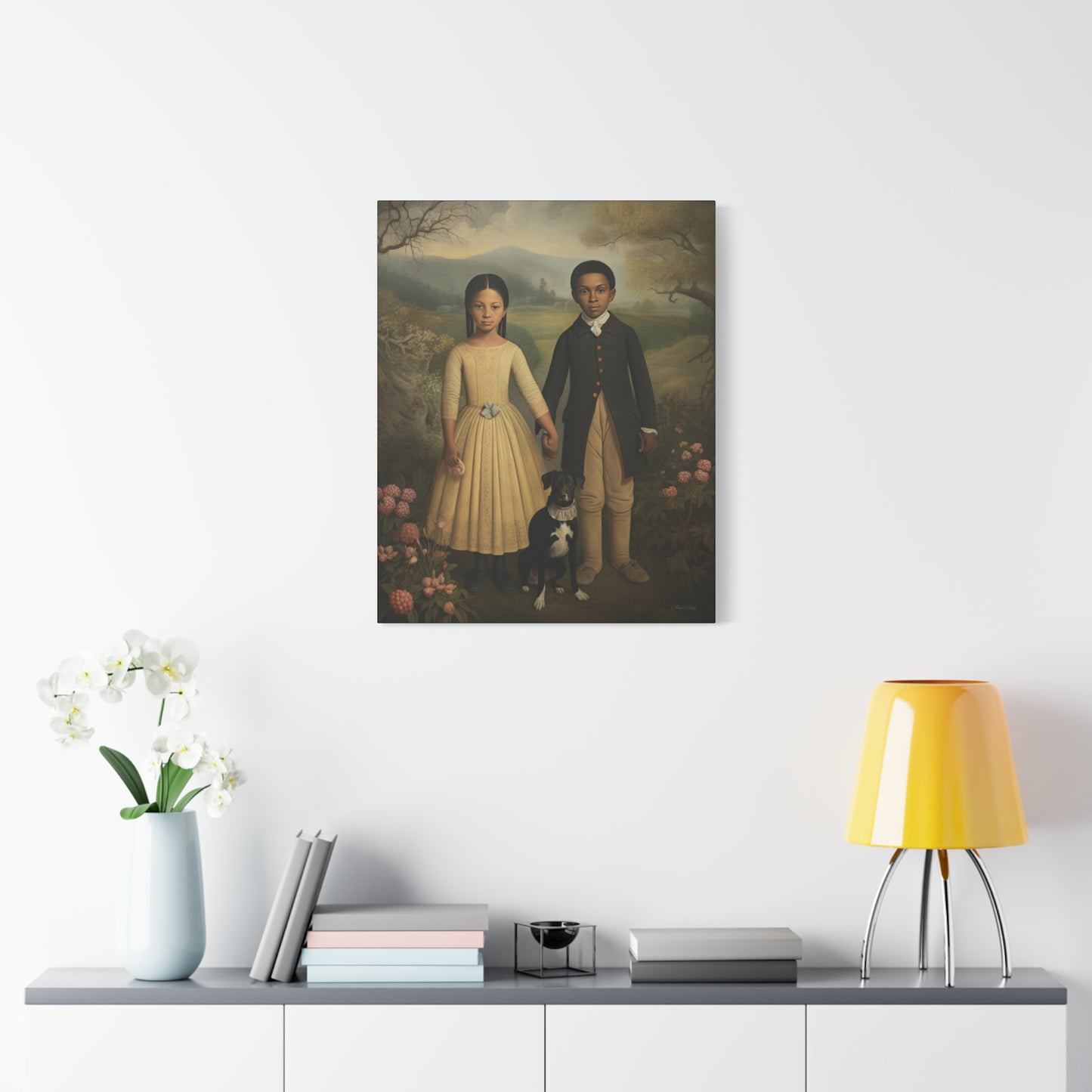 The Twins: Artistic Stretched Canvas Print - Vintage Children and Dog Portrait