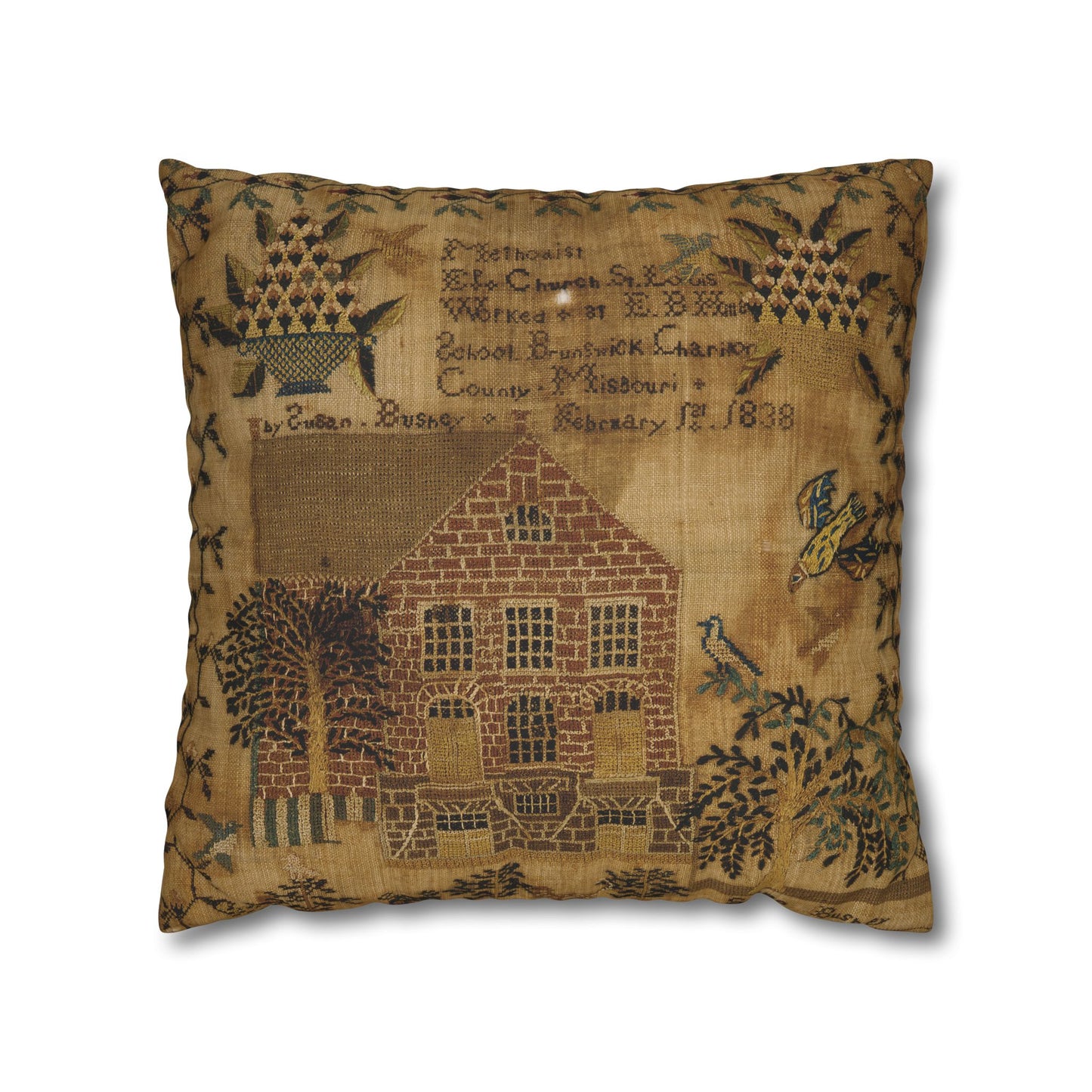 Vintage-Inspired Square Poly Canvas Pillowcase - Rustic Home Decor with Historic Schoolhouse Design