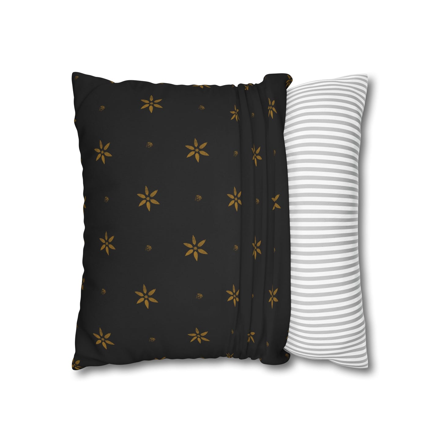 Stencilled Mustard Petals on Black Square Poly Canvas Pillowcase
