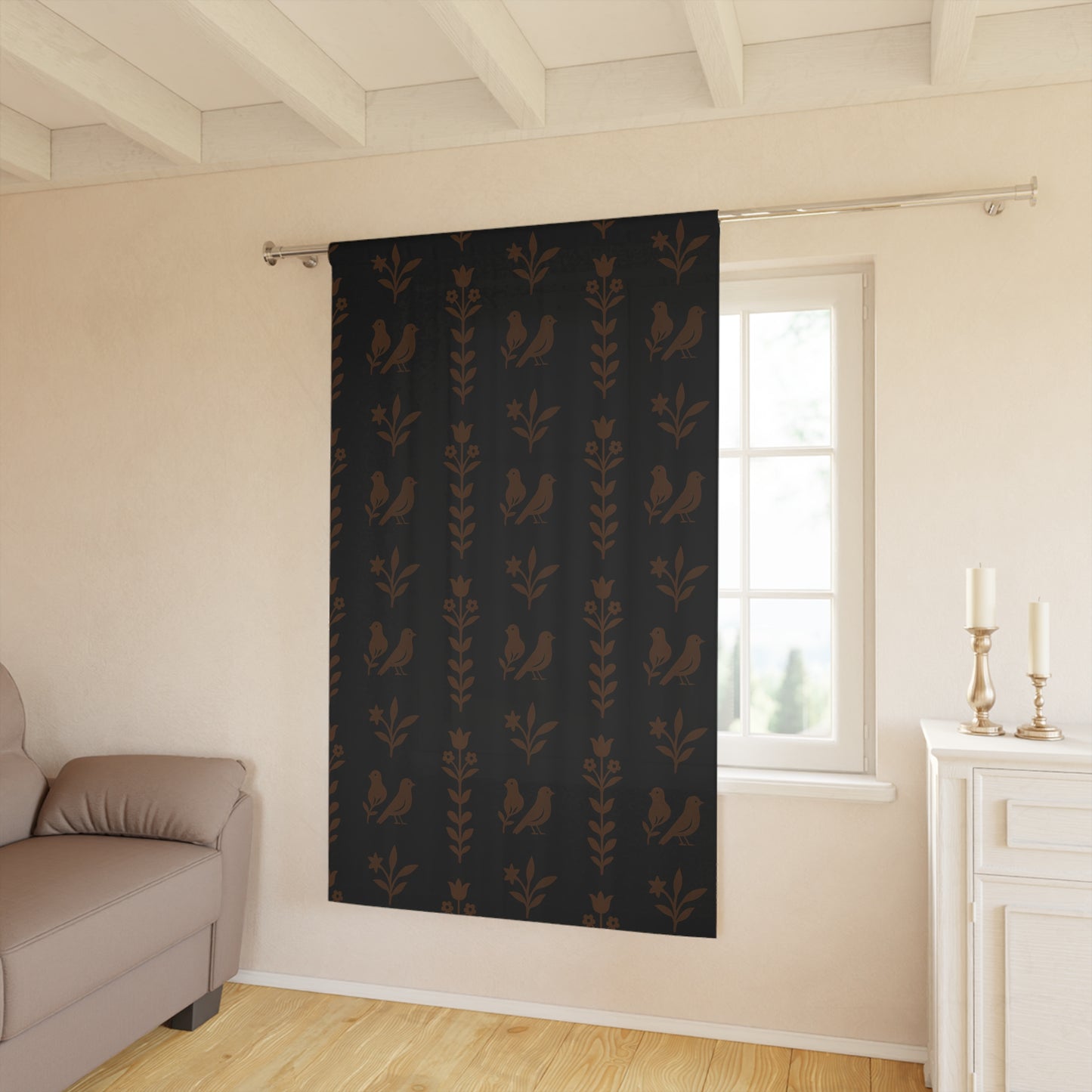 Cozy Bohemian Window Curtain, Decorative Drapes for Living Room, Bird and Floral Design, Home Decor, Dark Brown, Gift Idea