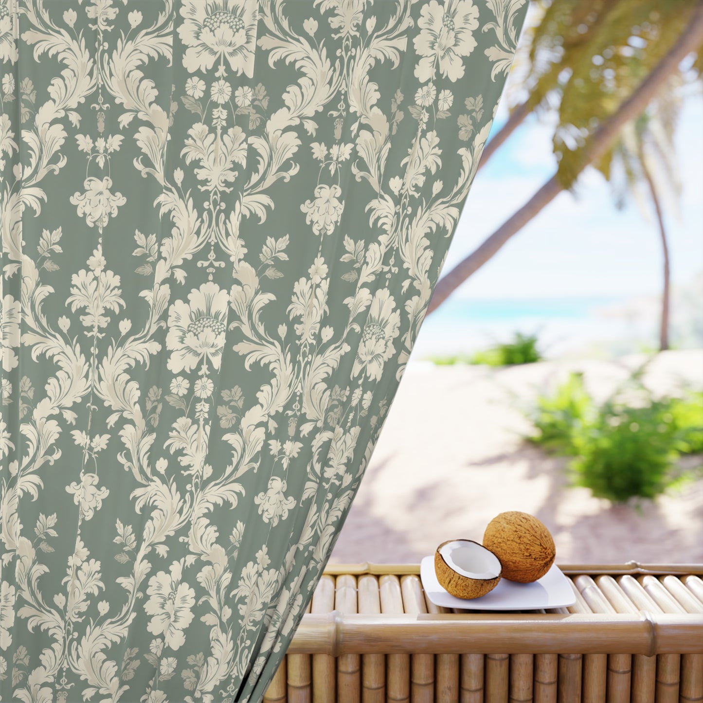 Green and Off White Damask Window Curtains (1 Piece)