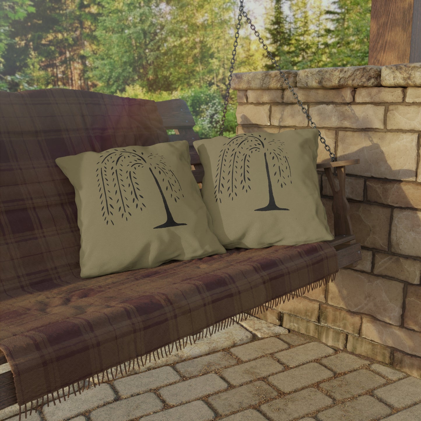 Black Willow on Tan Outdoor Pillows