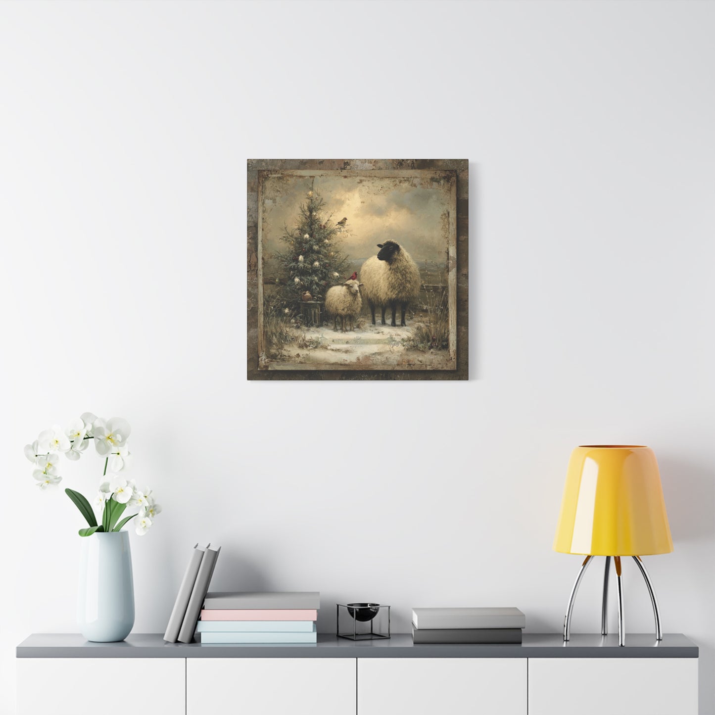 Rustic Sheep Art Canvas Print, Farmhouse Decor, Holiday Wall Art, Cozy Home Vibe, Christmas Sheep Painting, Farmhouse Wall Art