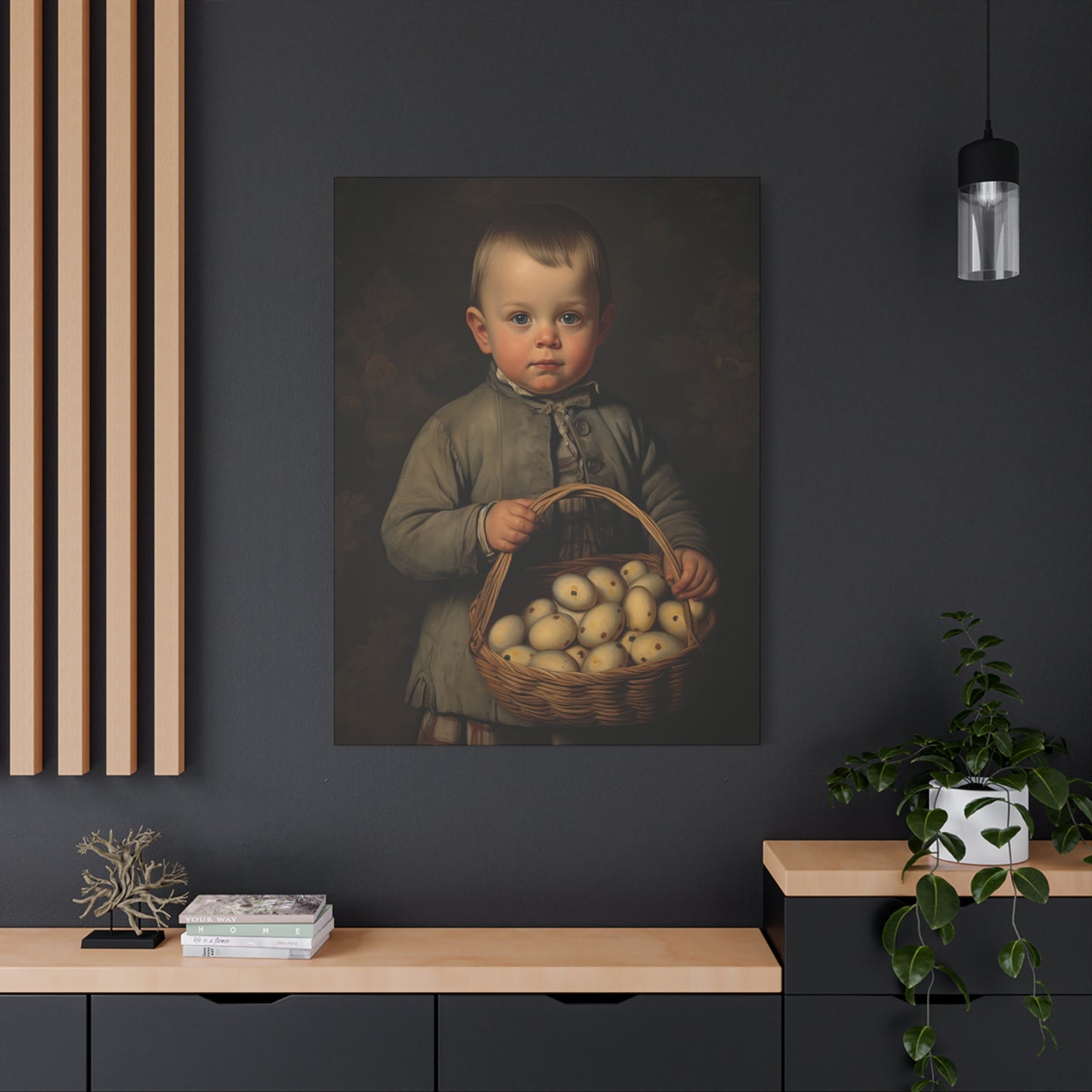 Boy with Eggs Whimsical Child Portrait Canvas Art - Vintage Decor for Home