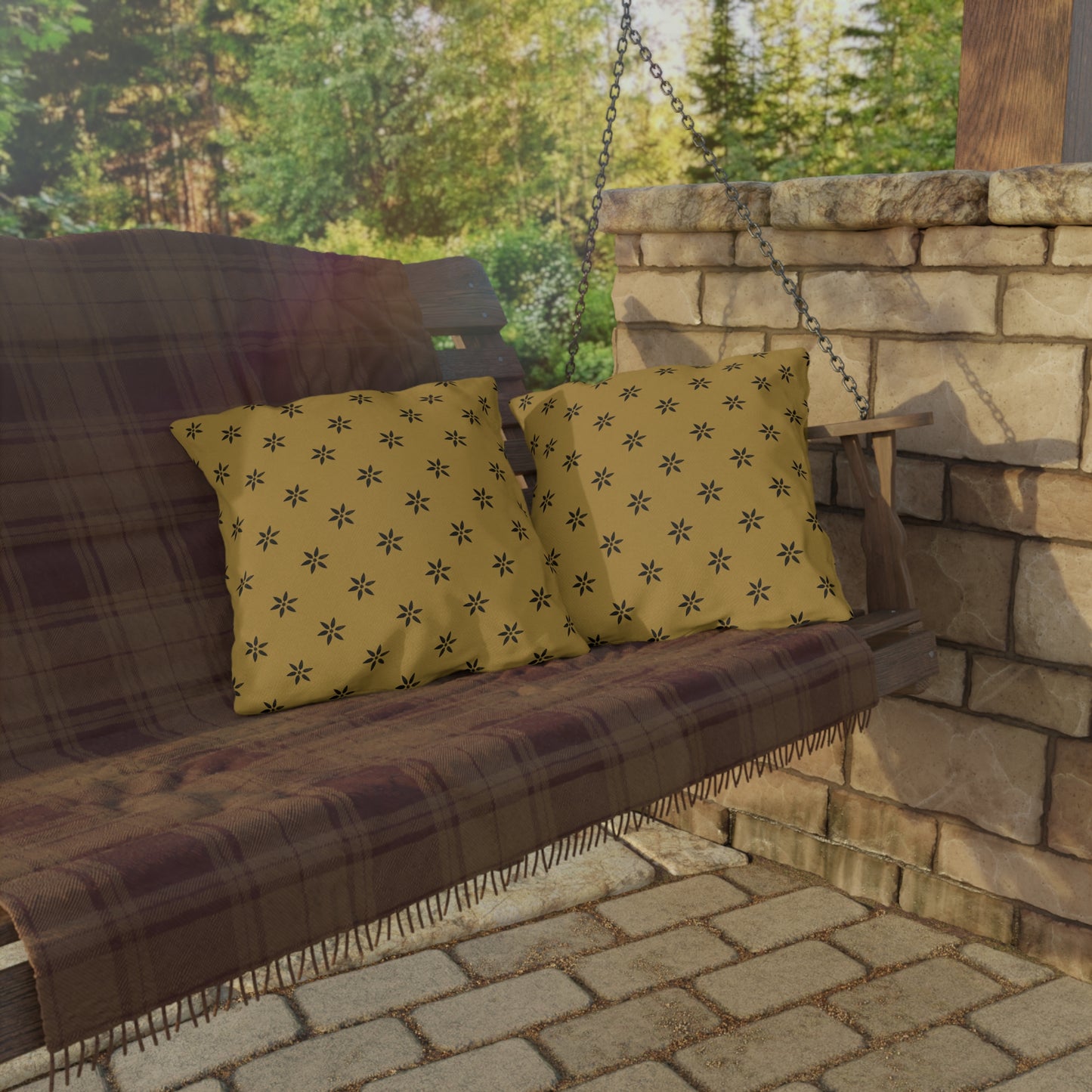 Black Stencil on Gold Outdoor Pillows