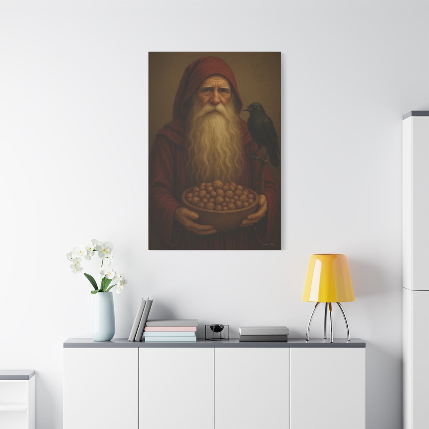 Canvas Wall Art, Old World Santa with Crow and nuts, Home Decor, Gift for Nature Lovers, Primitive Art