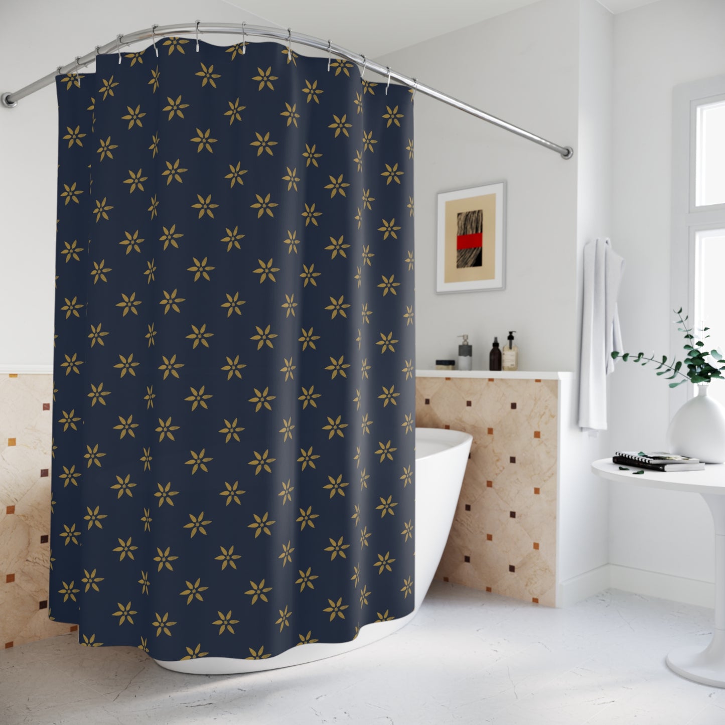 Mustard Yellow on True Blue Flower Stencil Shower Curtains